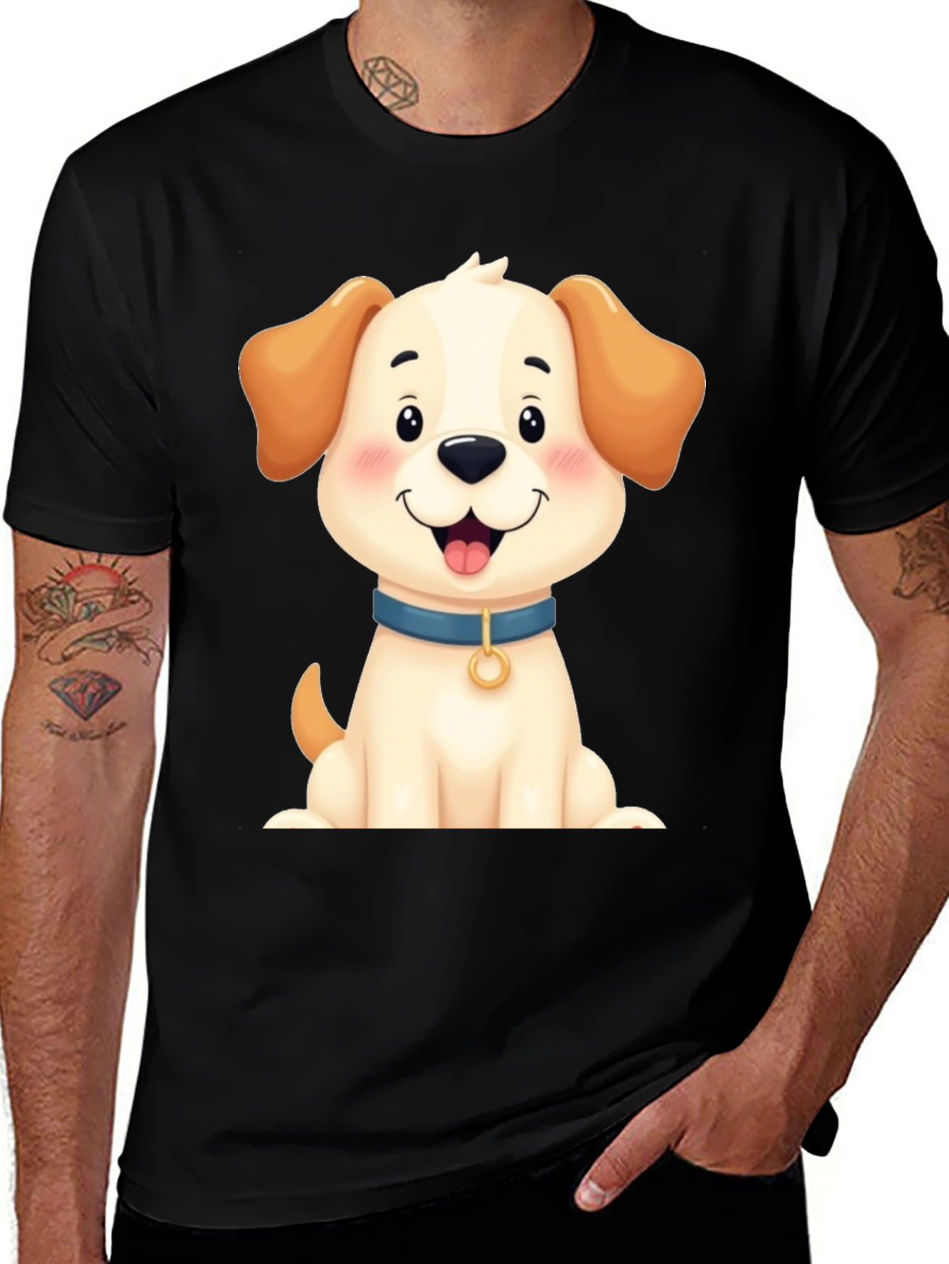 Cute Dog Graphic Tee - Black Cotton Blend