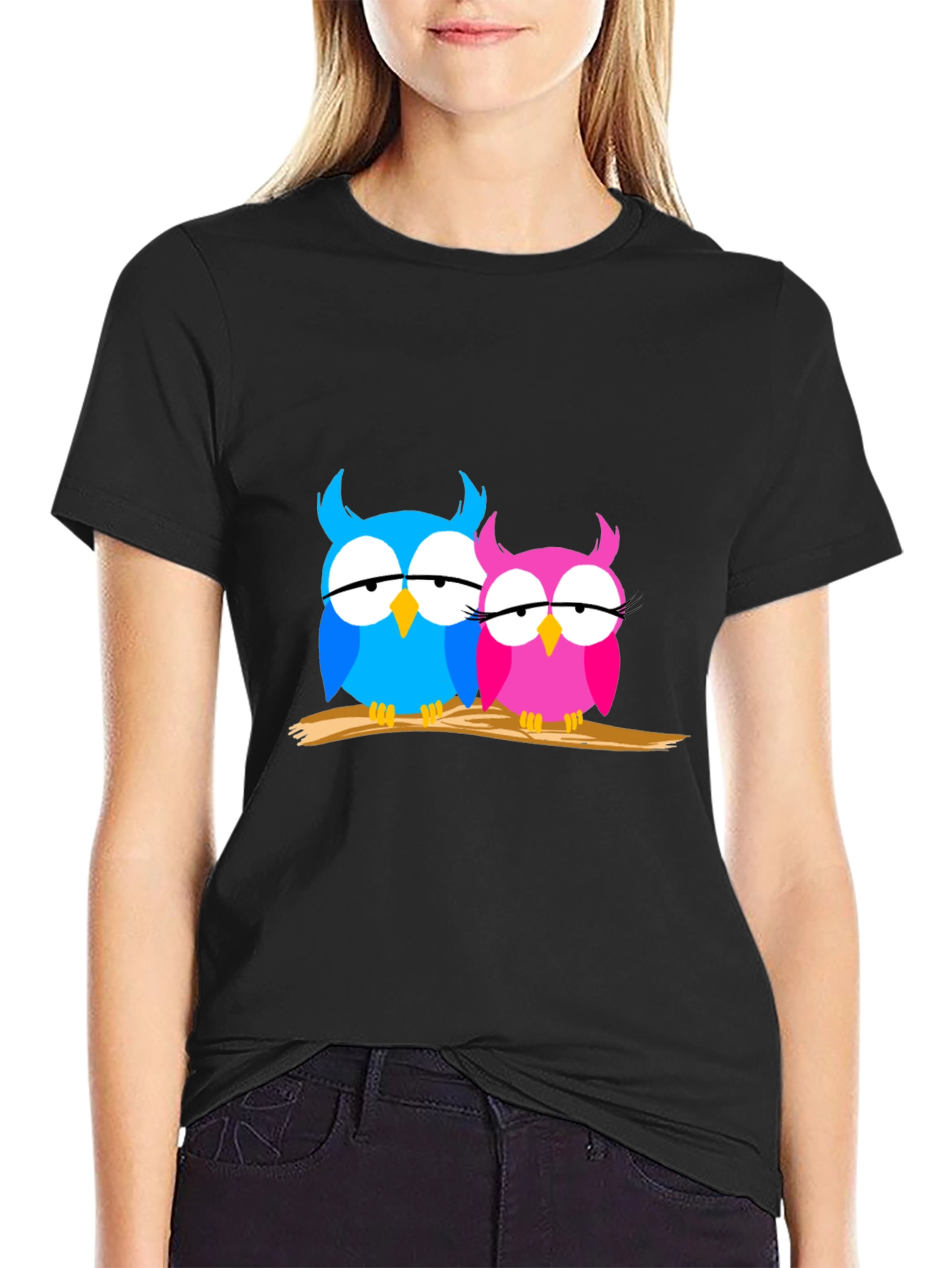 Owl Couple Graphic Tee - Trendy Black T-Shirt