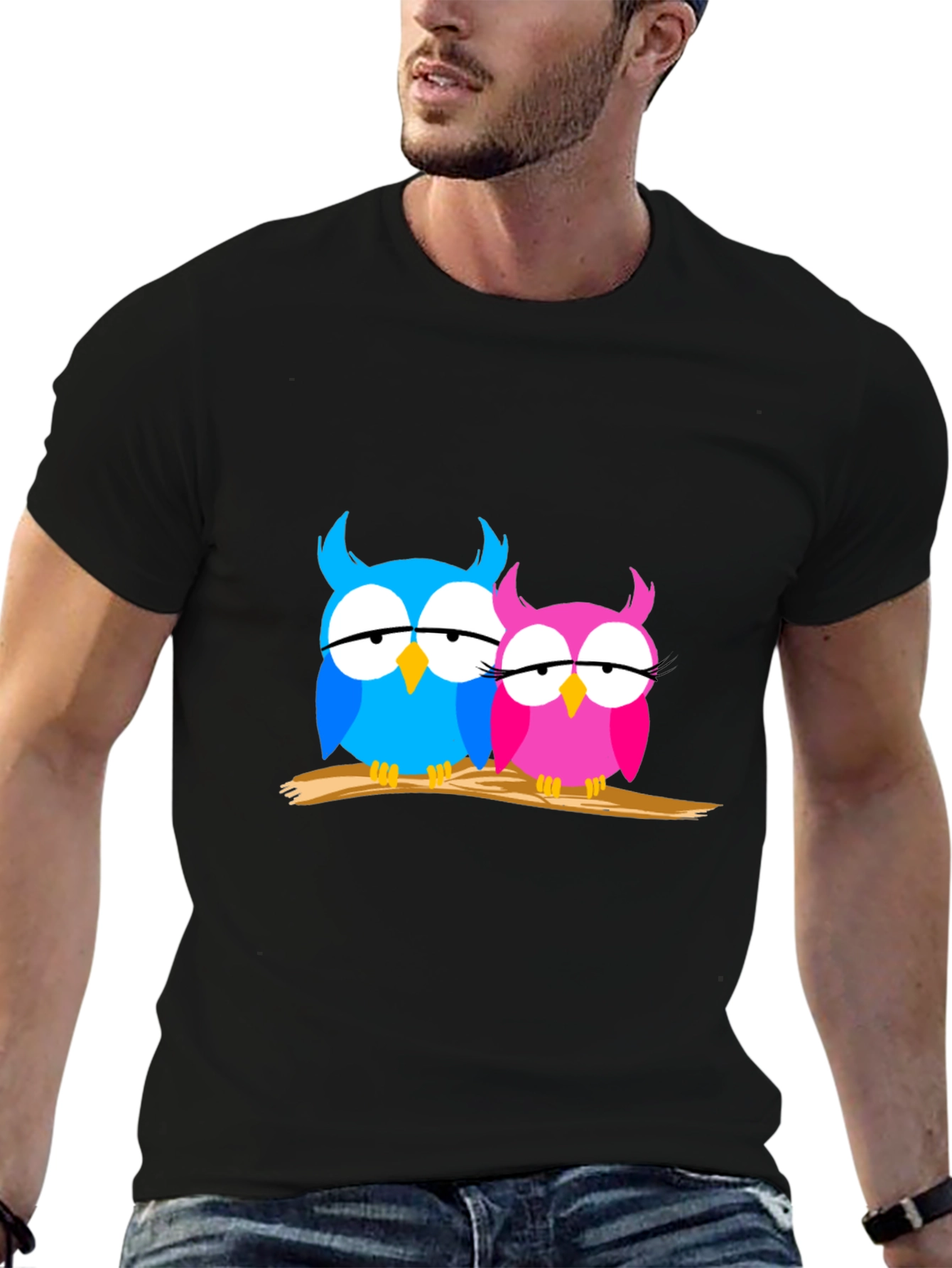 Owl Couple Graphic Tee - Trendy Black T-Shirt