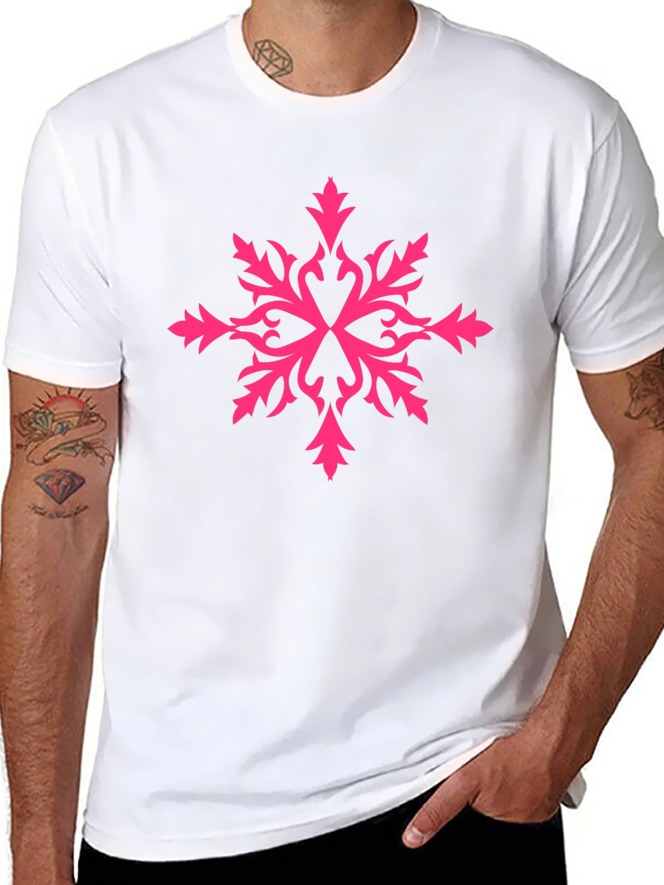 Stylish Black Tee with Pink Snowflake Design
