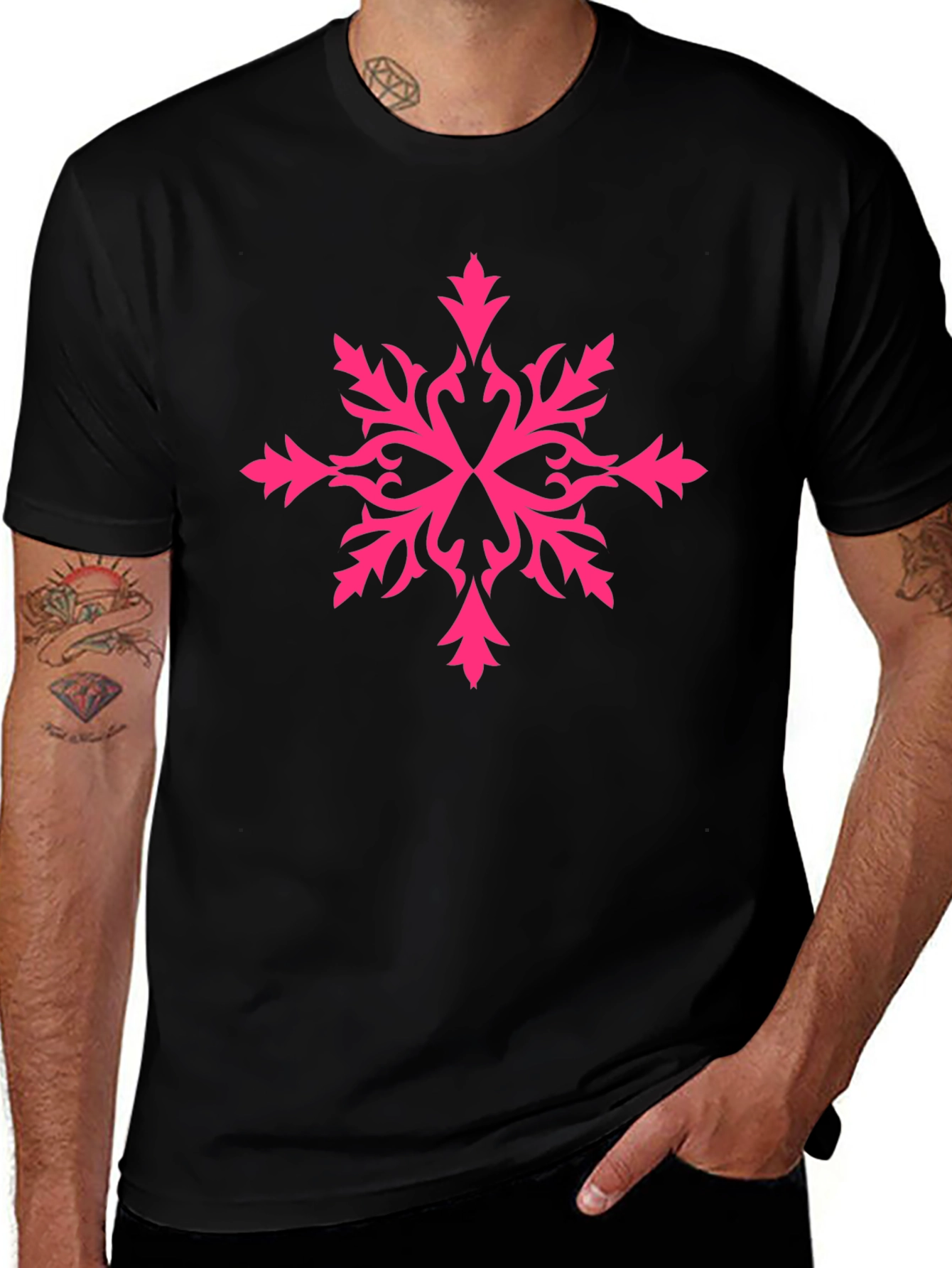 Stylish Black Tee with Pink Snowflake Design