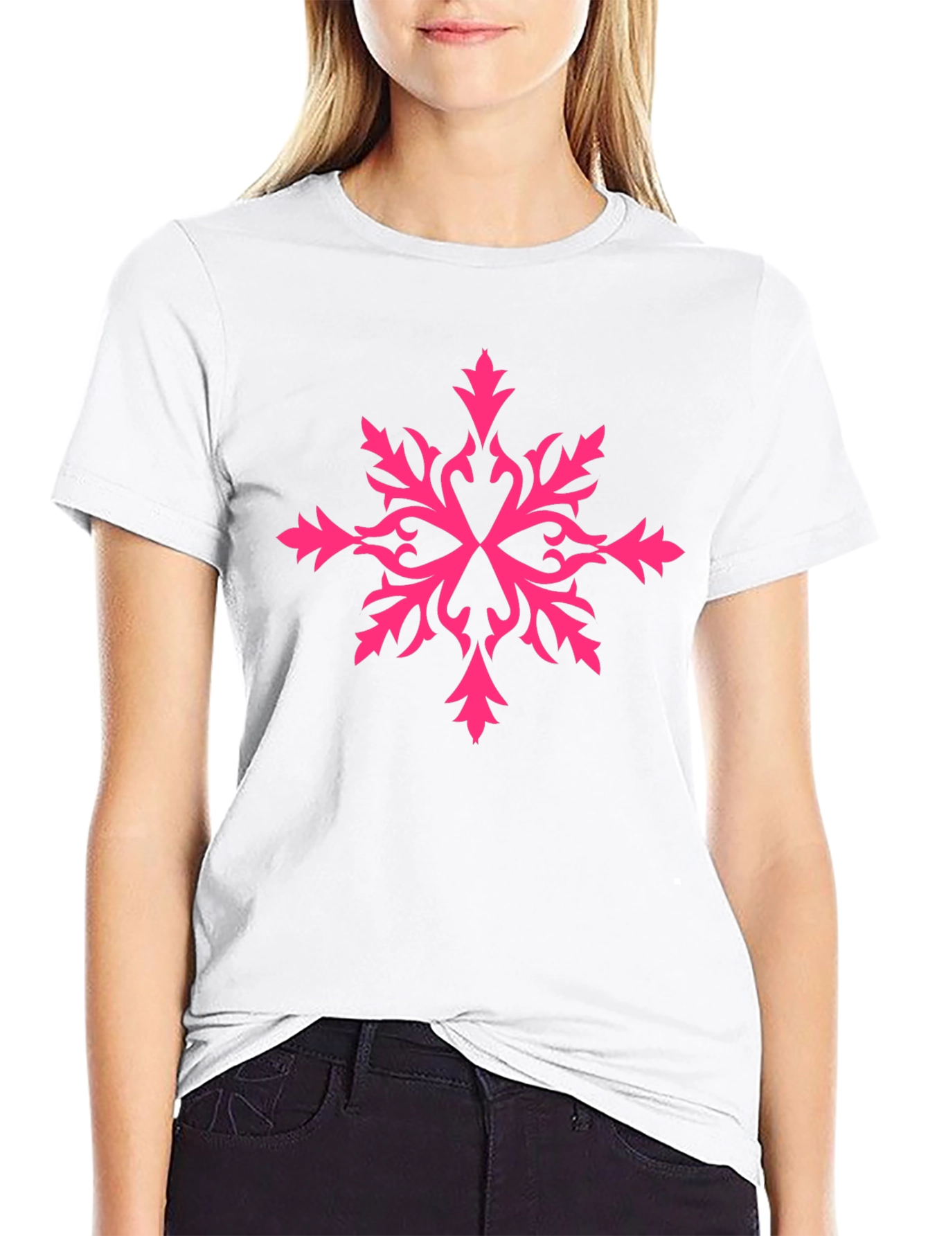 Stylish Black Tee with Pink Snowflake Design
