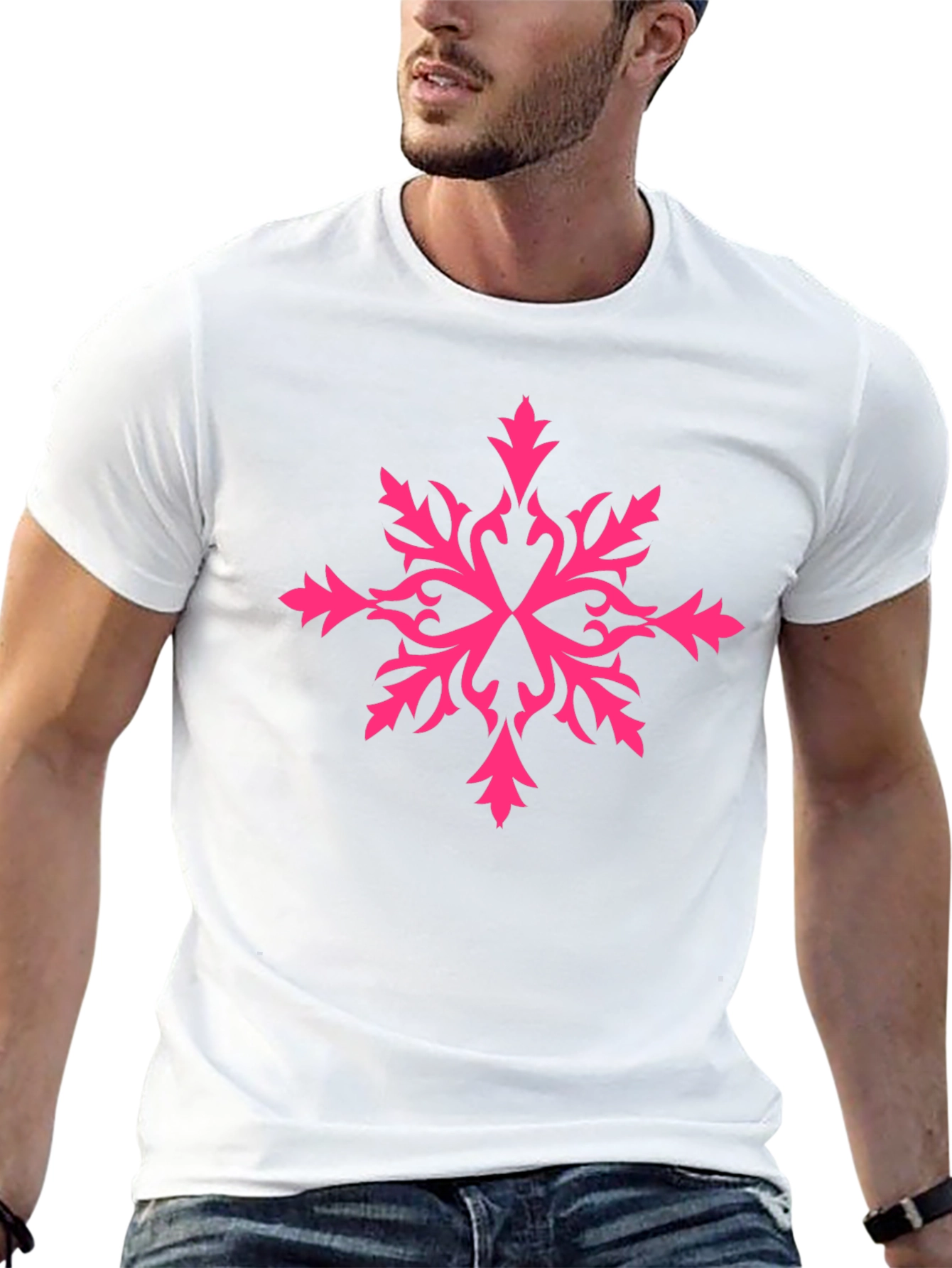 Stylish Black Tee with Pink Snowflake Design