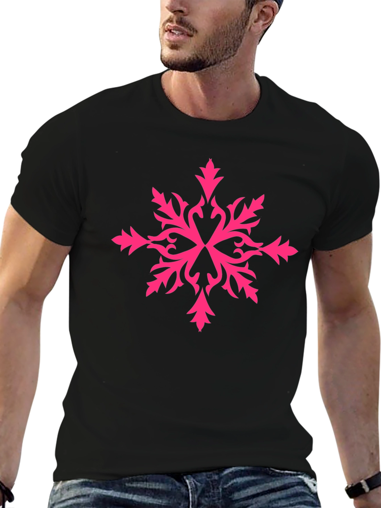 Stylish Black Tee with Pink Snowflake Design