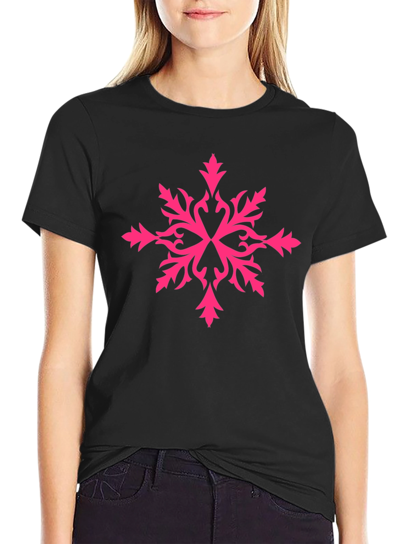 Stylish Black Tee with Pink Snowflake Design