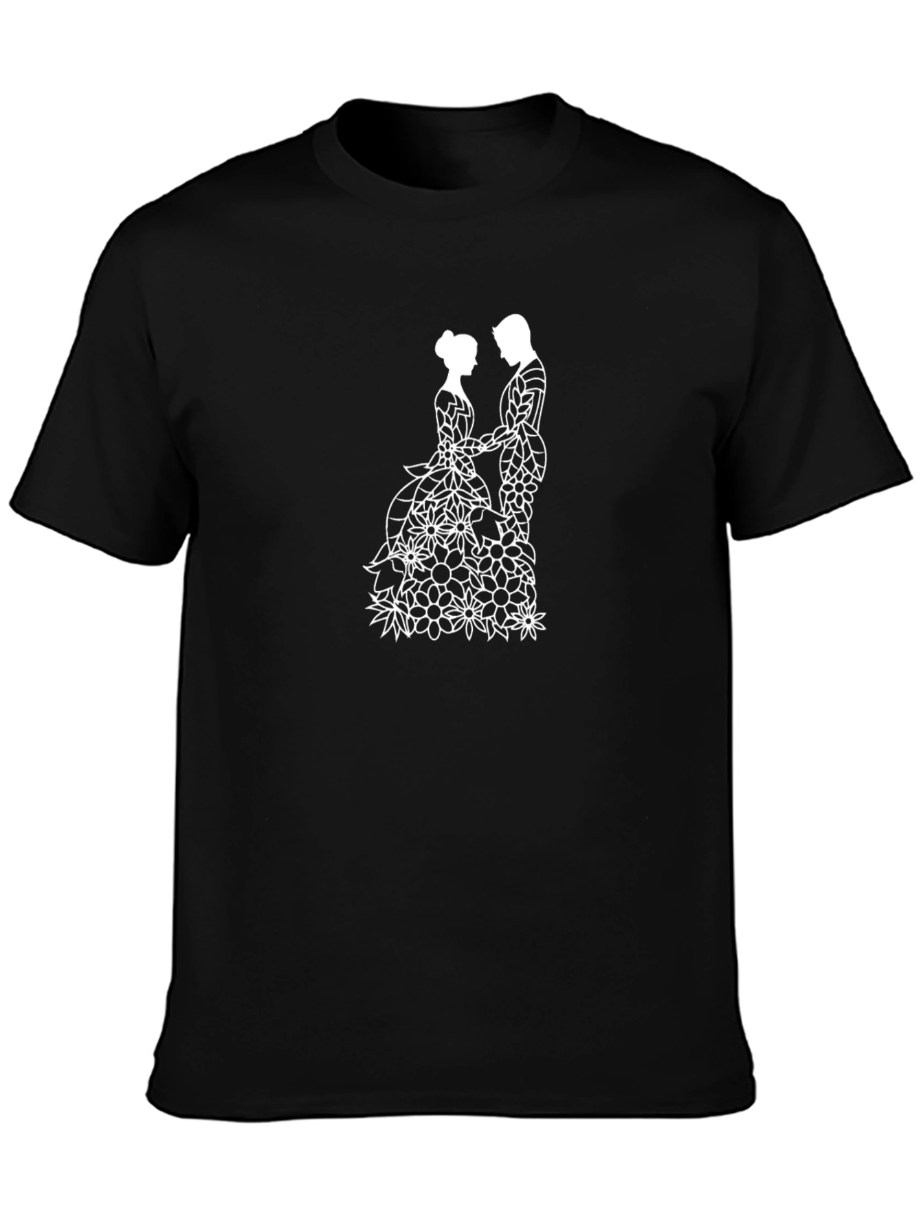 Floral Couple Black T-Shirt - Elegant Wedding Design