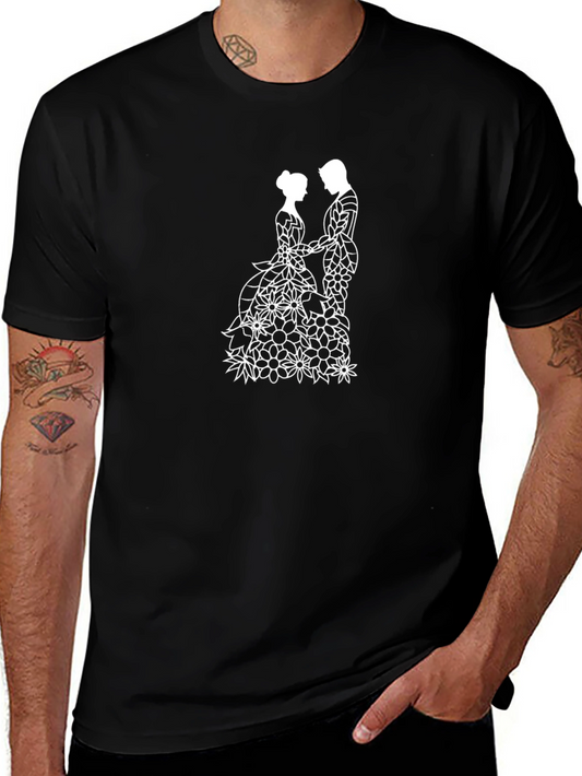 Floral Couple Black T-Shirt - Elegant Wedding Design
