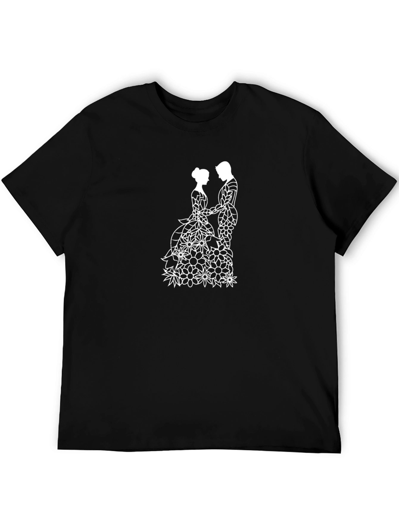Floral Couple Black T-Shirt - Elegant Wedding Design