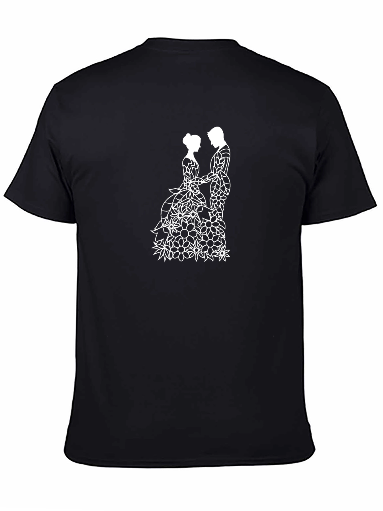 Floral Couple Black T-Shirt - Elegant Wedding Design