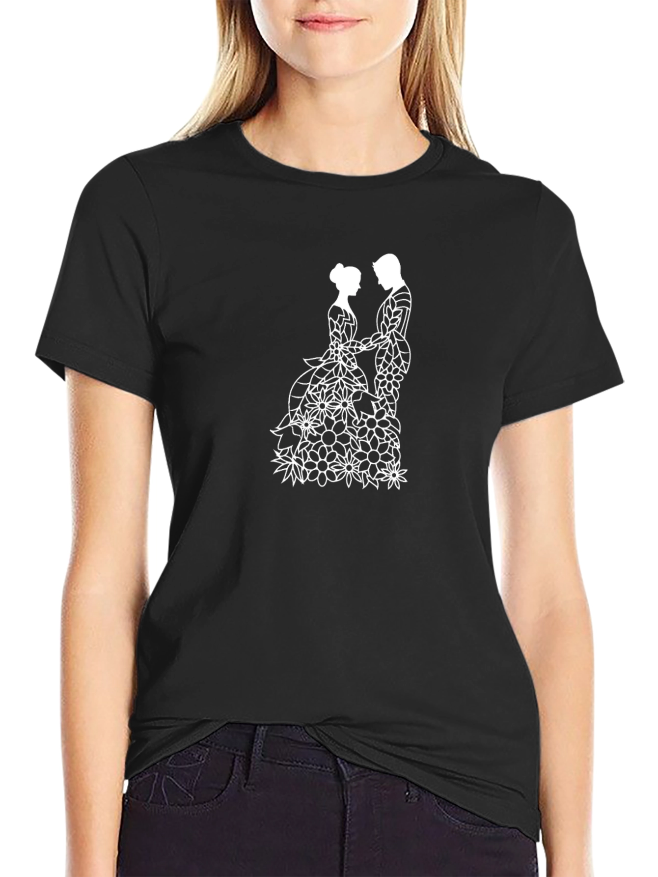 Floral Couple Black T-Shirt - Elegant Wedding Design