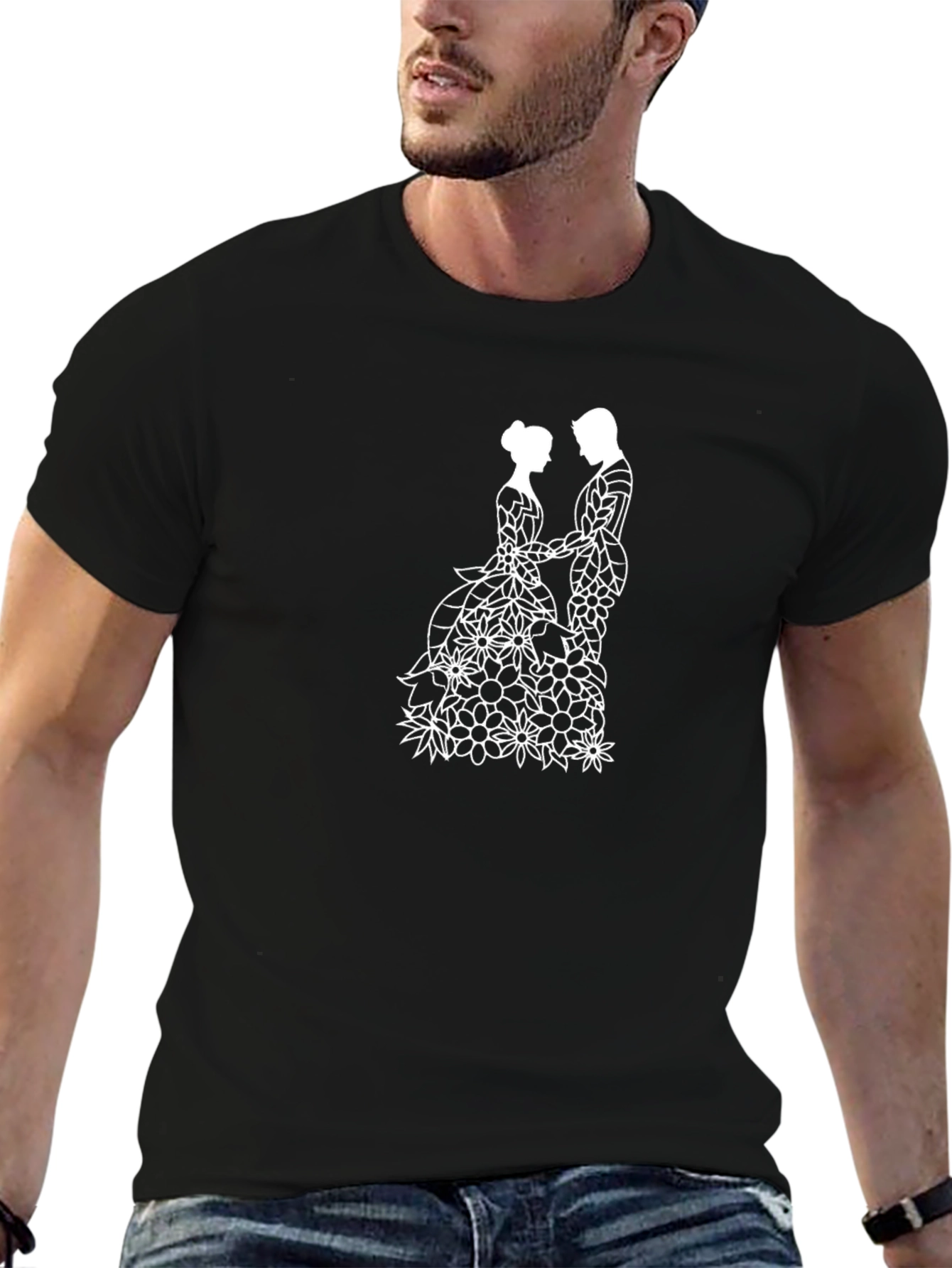 Floral Couple Black T-Shirt - Elegant Wedding Design