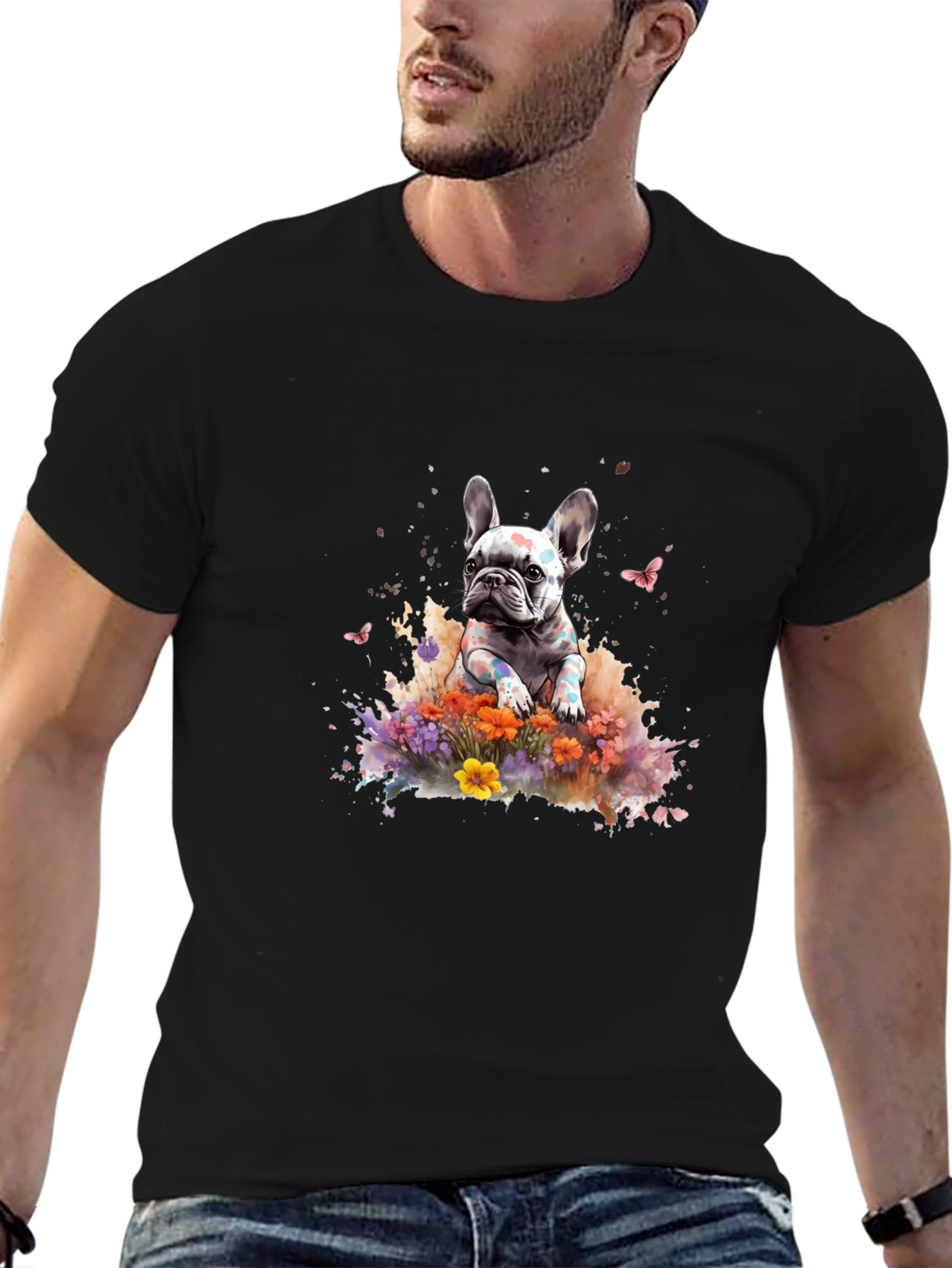 French Bulldog Floral Graphic Black T-Shirt