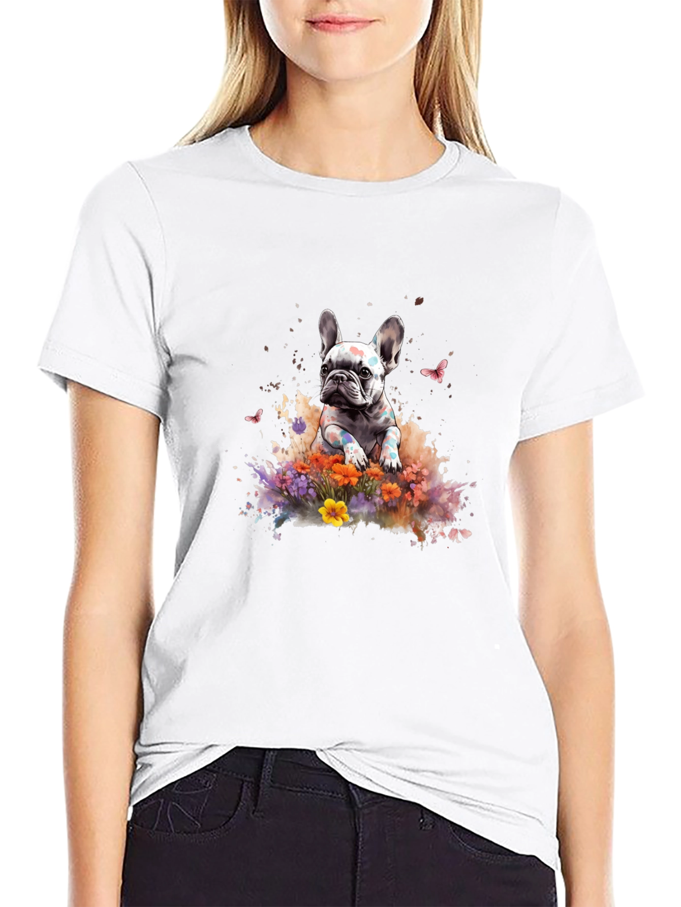 French Bulldog Floral Graphic Black T-Shirt