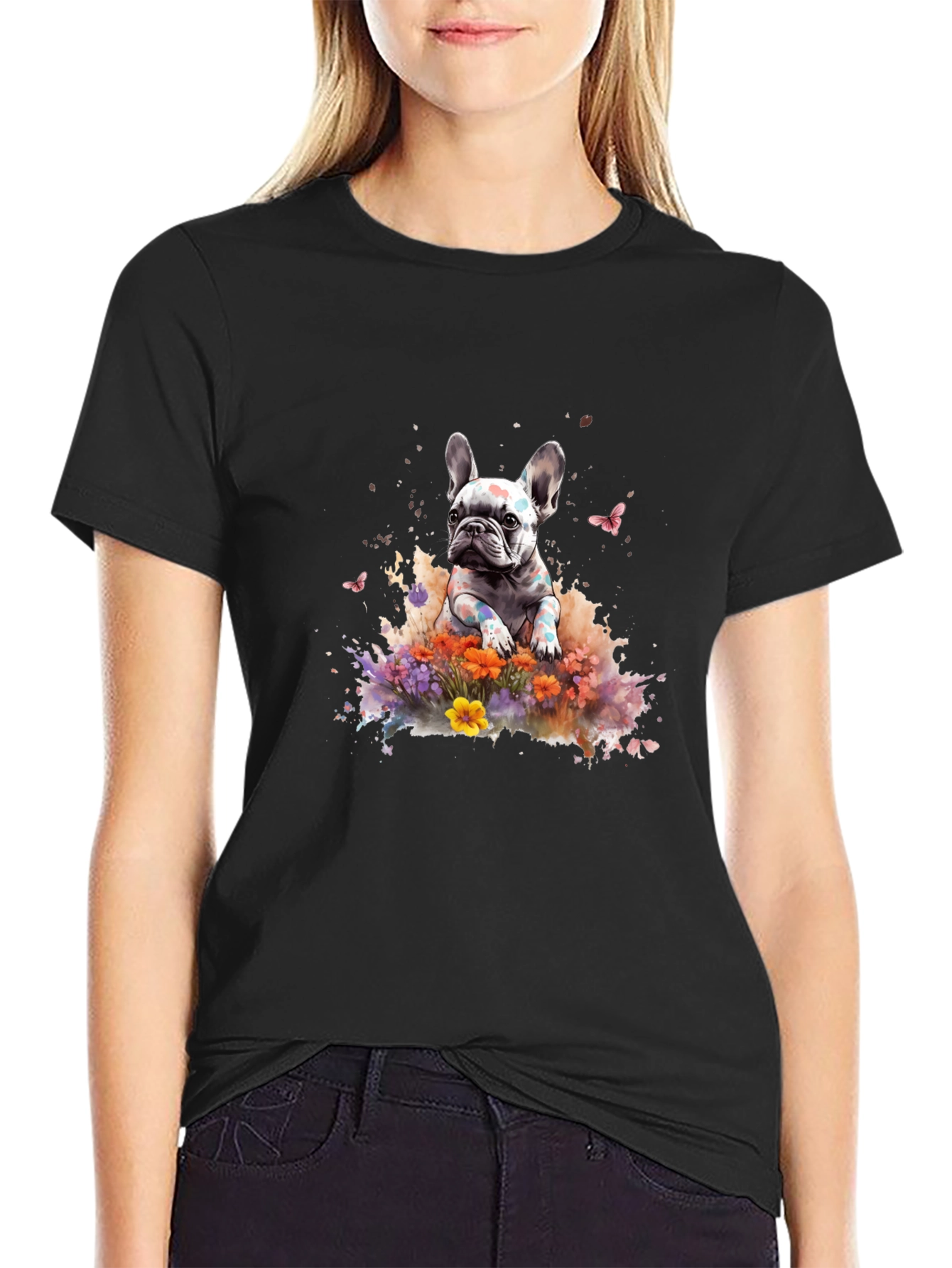 French Bulldog Floral Graphic Black T-Shirt