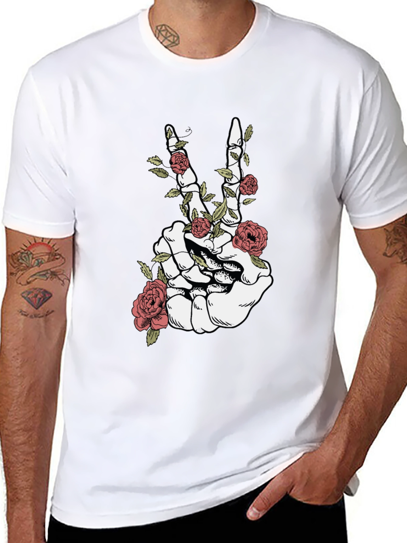 Skeleton Hand Peace Sign Roses Graphic T-Shirt