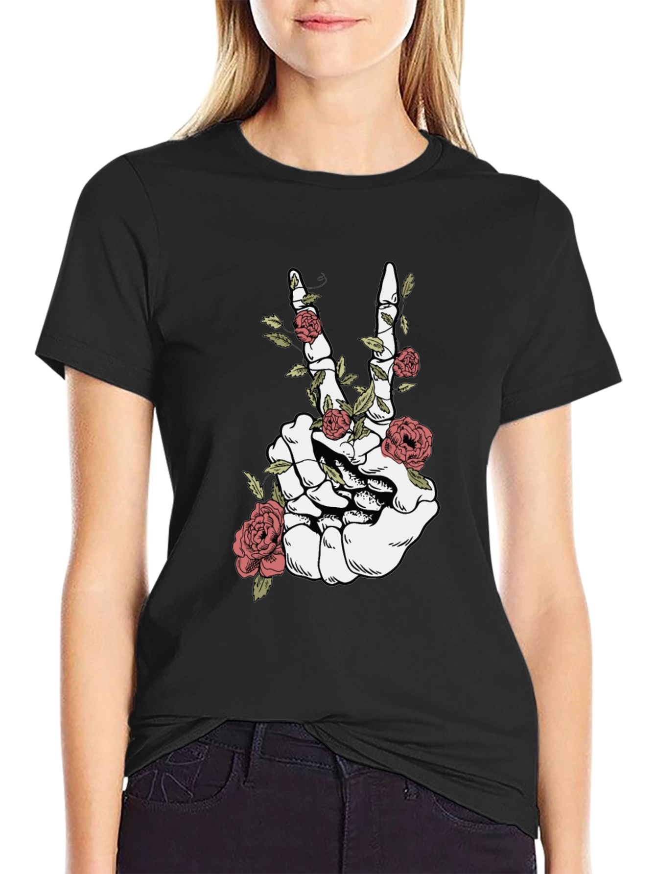 Skeleton Hand Peace Sign Roses Graphic T-Shirt