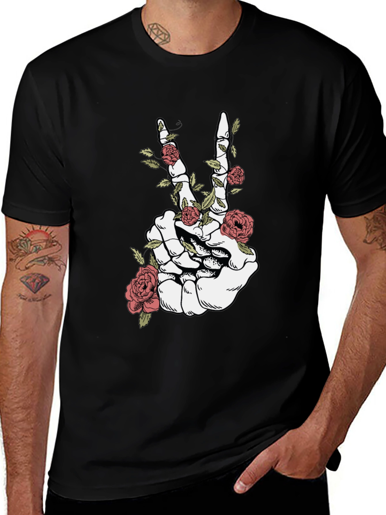 Skeleton Hand Peace Sign Roses Graphic T-Shirt