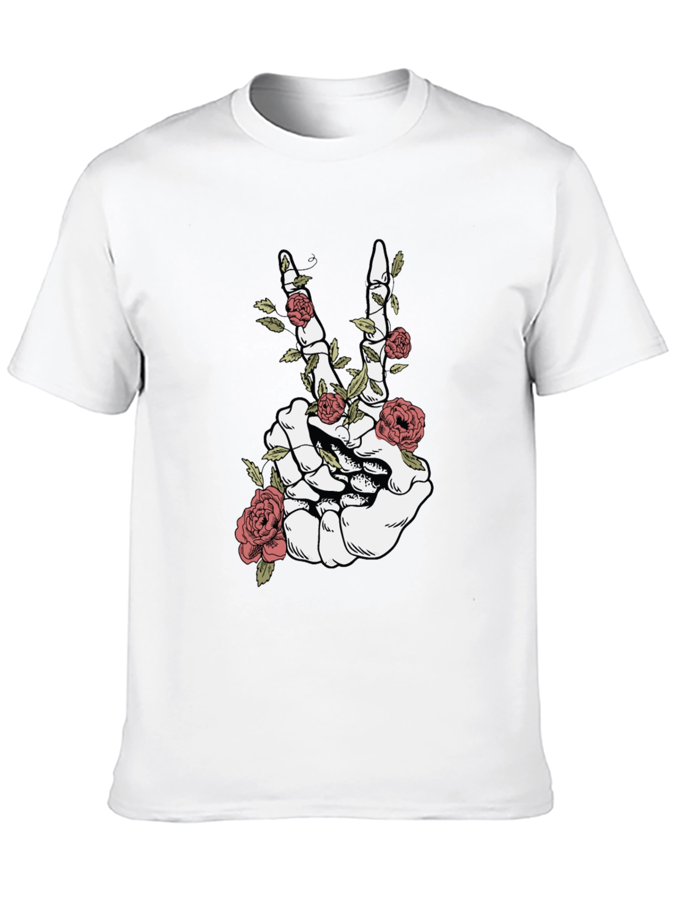 Skeleton Hand Peace Sign Roses Graphic T-Shirt