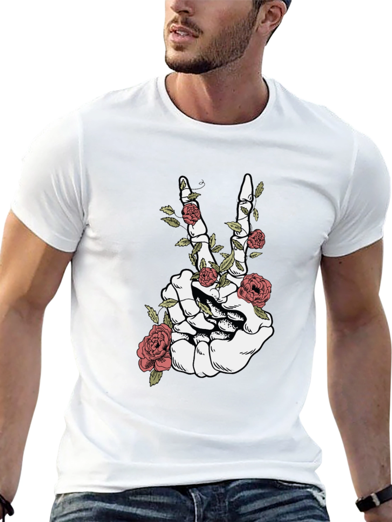 Skeleton Hand Peace Sign Roses Graphic T-Shirt