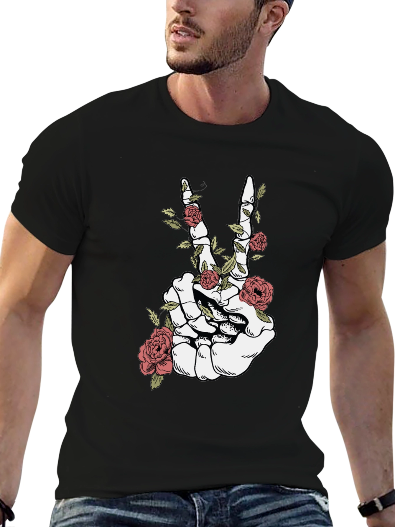 Skeleton Hand Peace Sign Roses Graphic T-Shirt