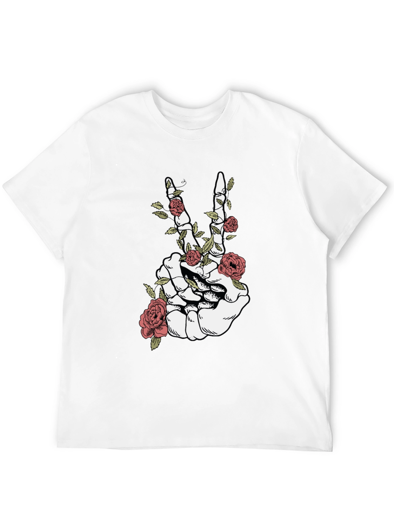 Skeleton Hand Peace Sign Roses Graphic T-Shirt