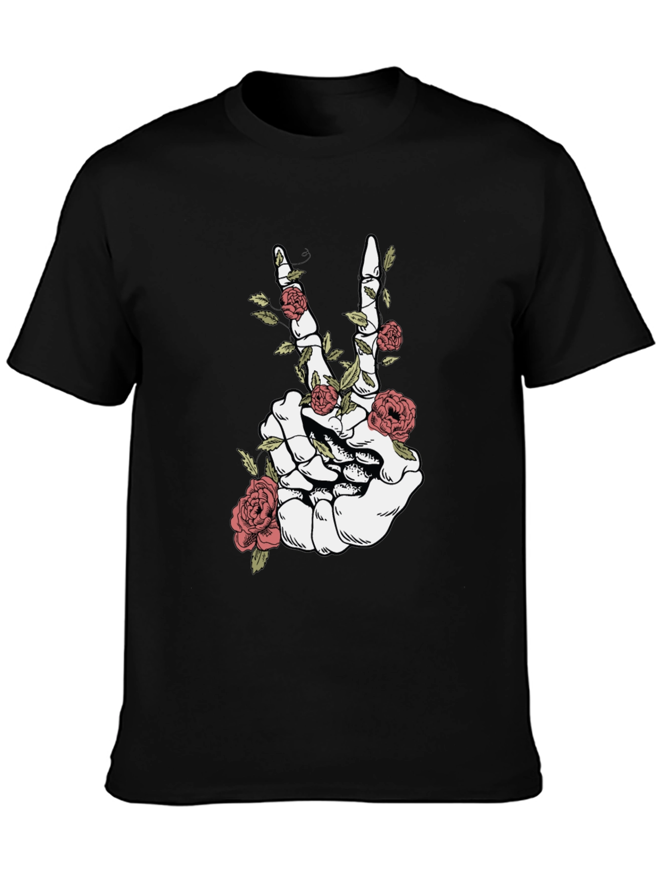 Skeleton Hand Peace Sign Roses Graphic T-Shirt