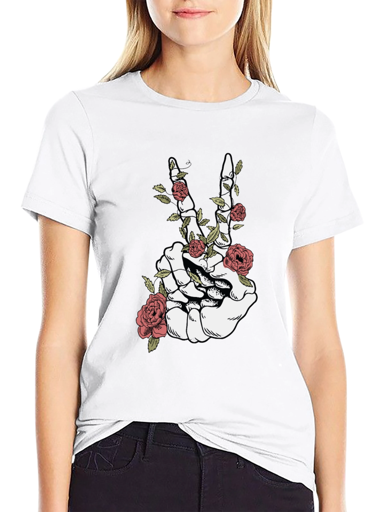 Skeleton Hand Peace Sign Roses Graphic T-Shirt