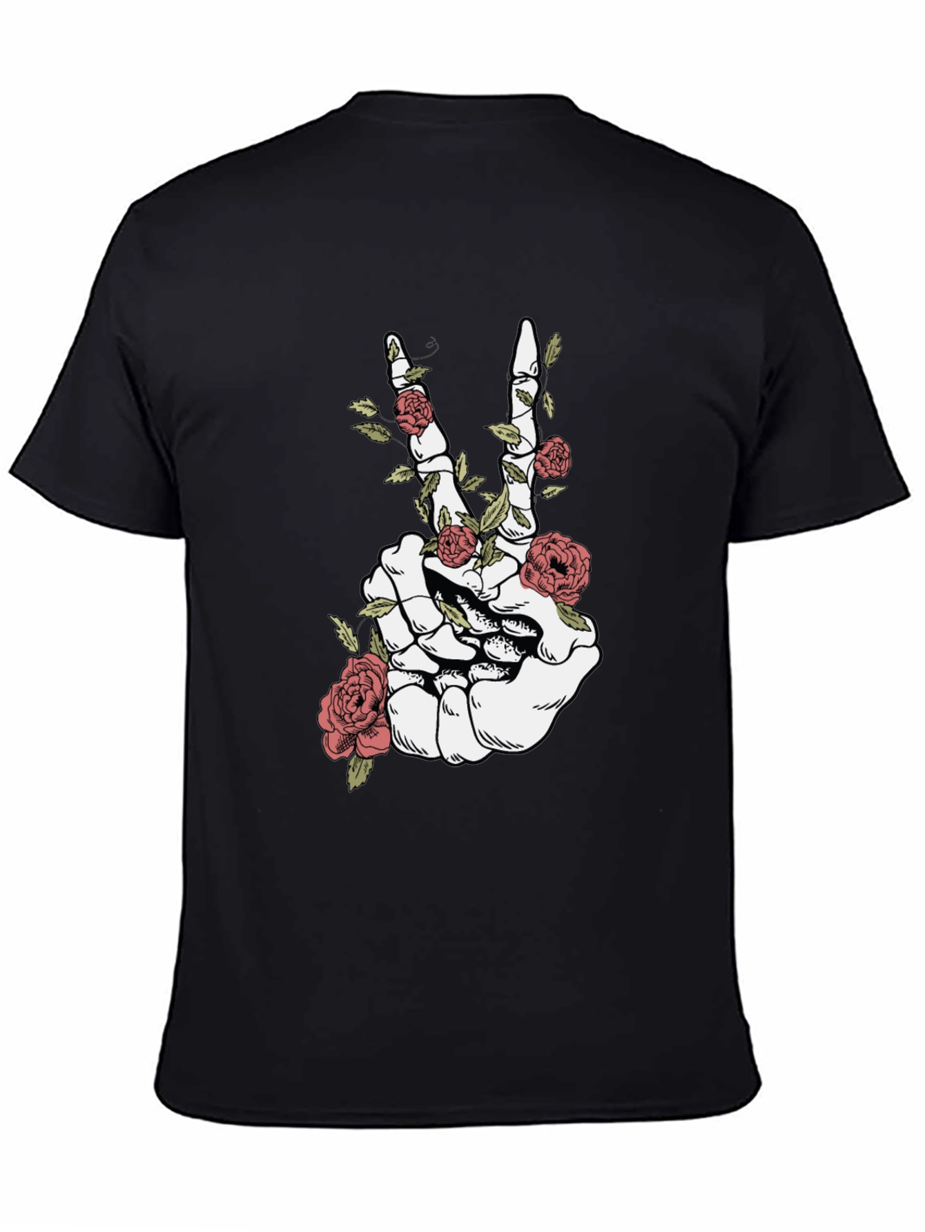 Skeleton Hand Peace Sign Roses Graphic T-Shirt