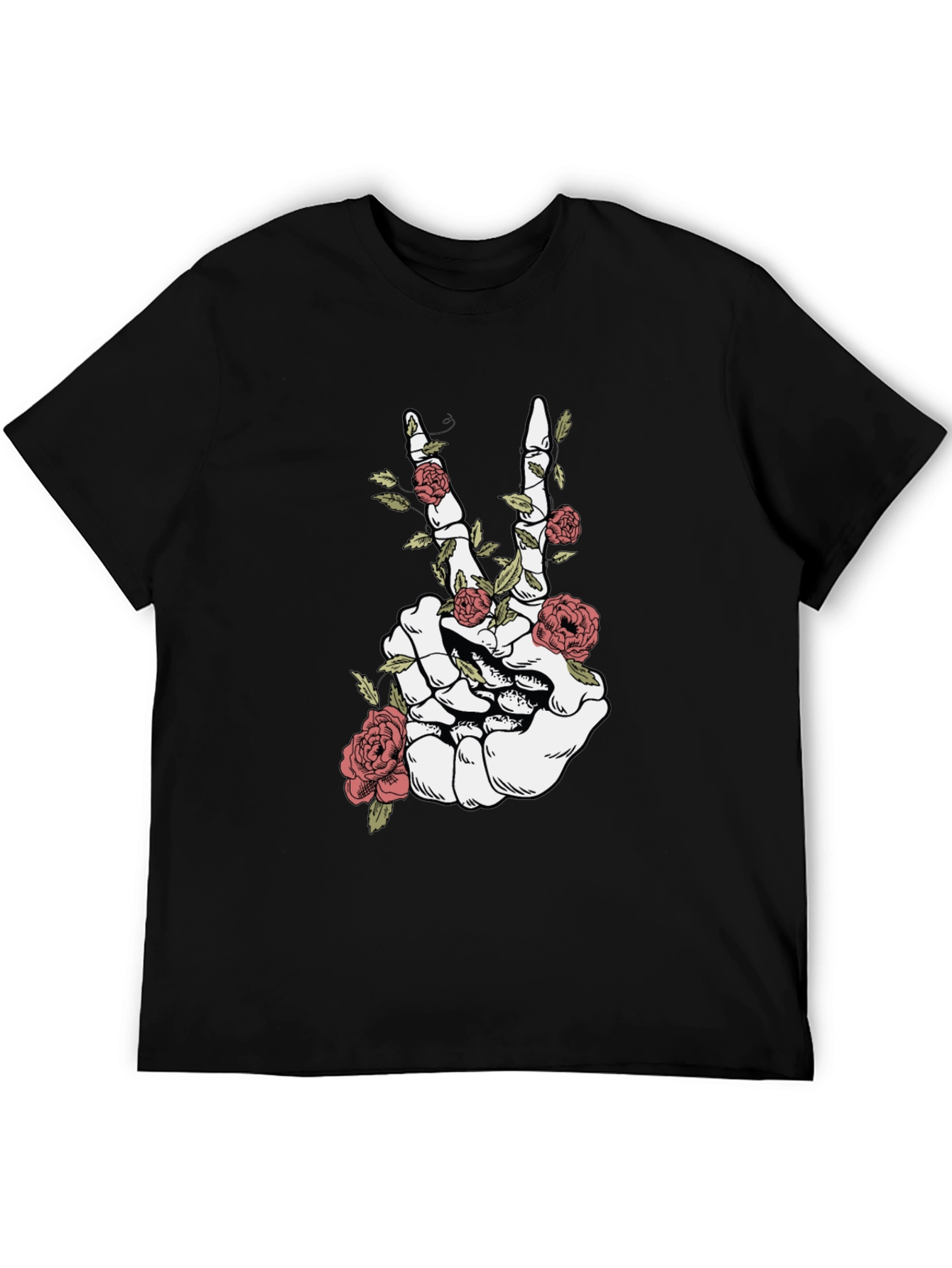 Skeleton Hand Peace Sign Roses Graphic T-Shirt