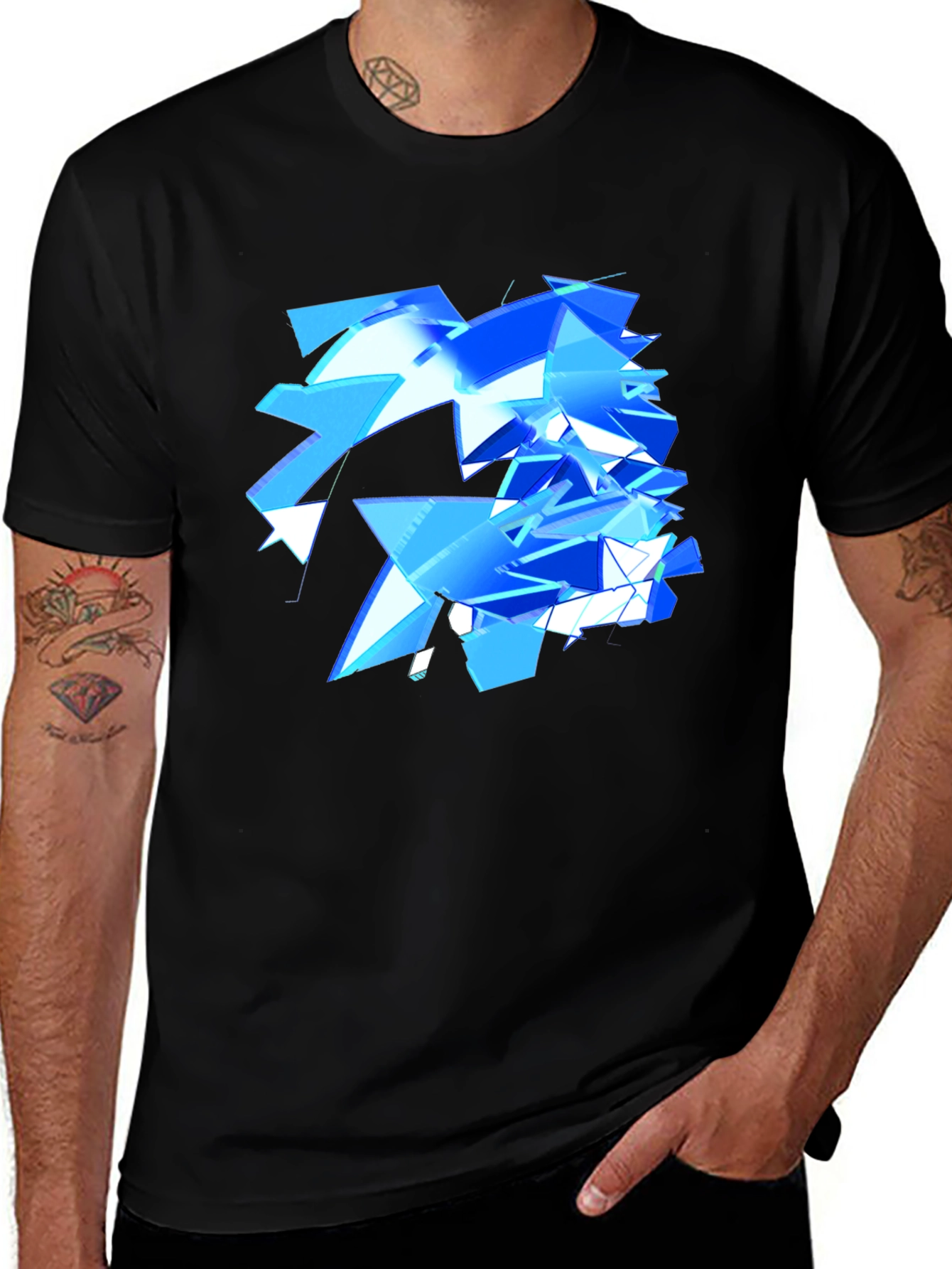 Abstract Geometric Blue Design Black T-Shirt