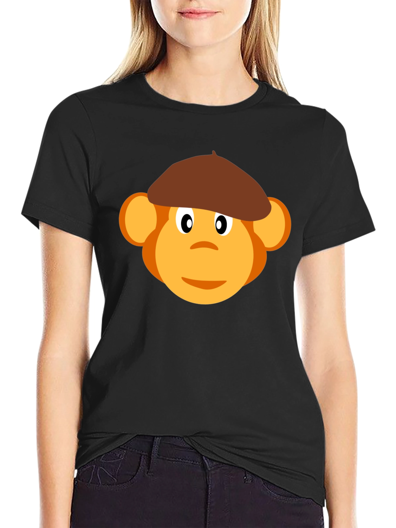 Monkey Beret Graphic Tee - Black Cotton T-Shirt