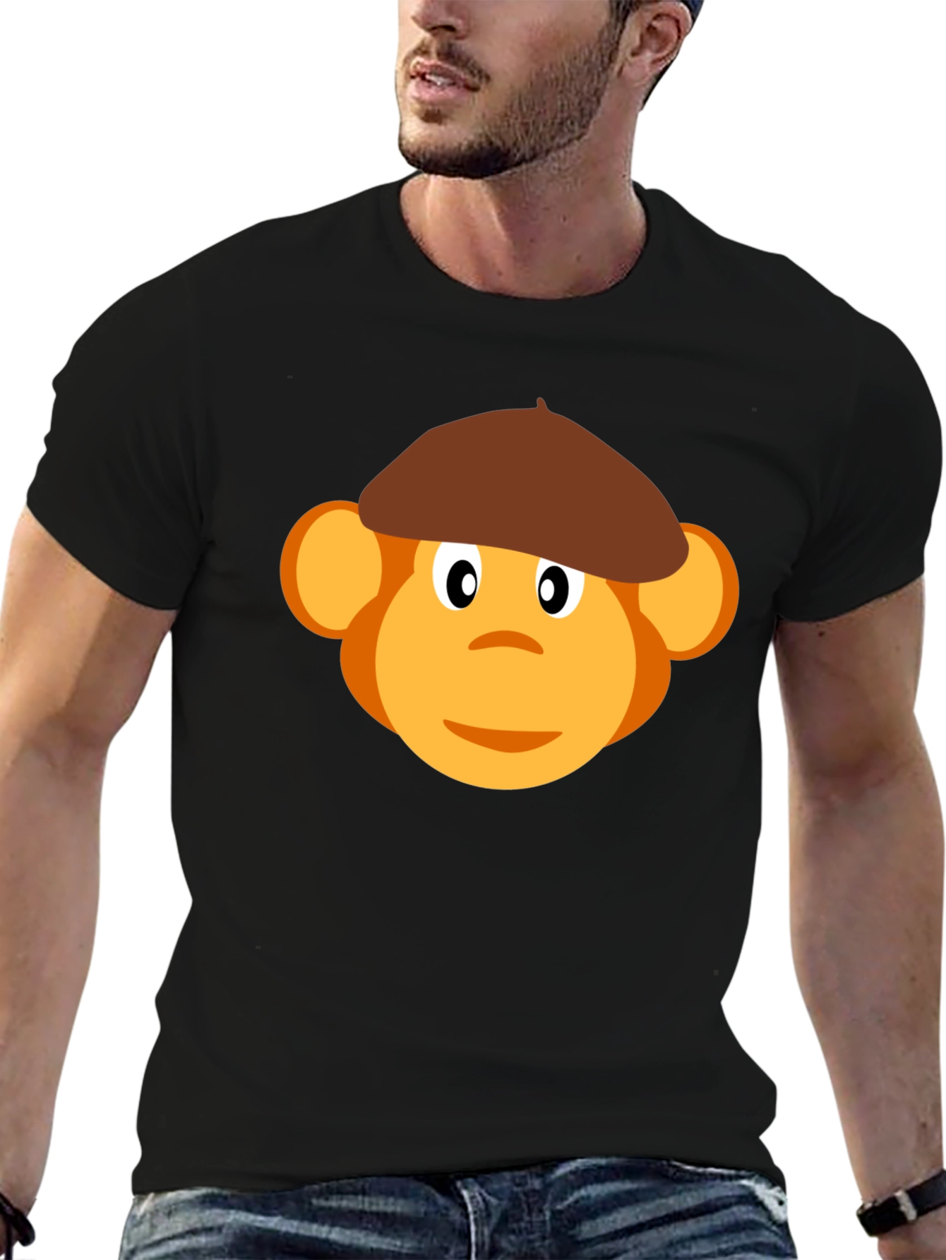 Monkey Beret Graphic Tee - Black Cotton T-Shirt