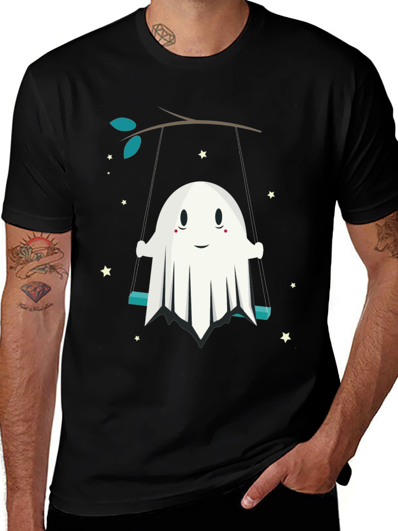 Cute Ghost on Swing Graphic Tee - Halloween Shirt