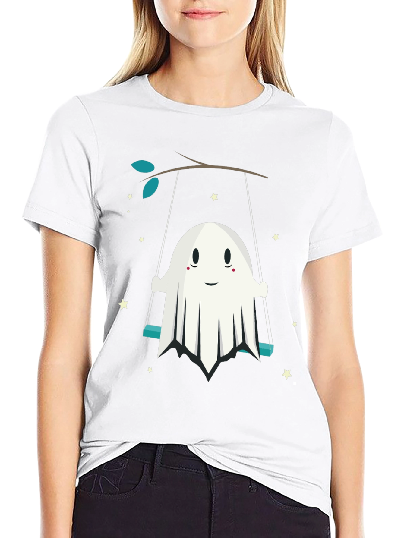 Cute Ghost on Swing Graphic Tee - Halloween Shirt