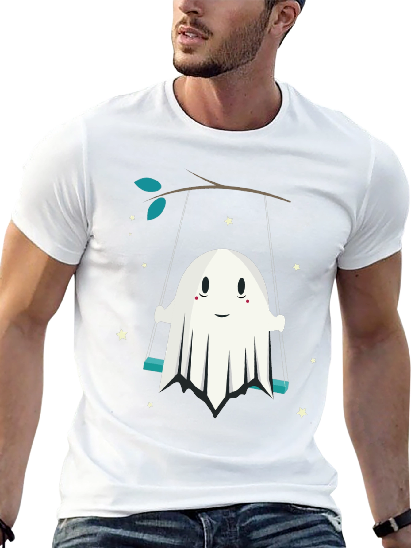 Cute Ghost on Swing Graphic Tee - Halloween Shirt