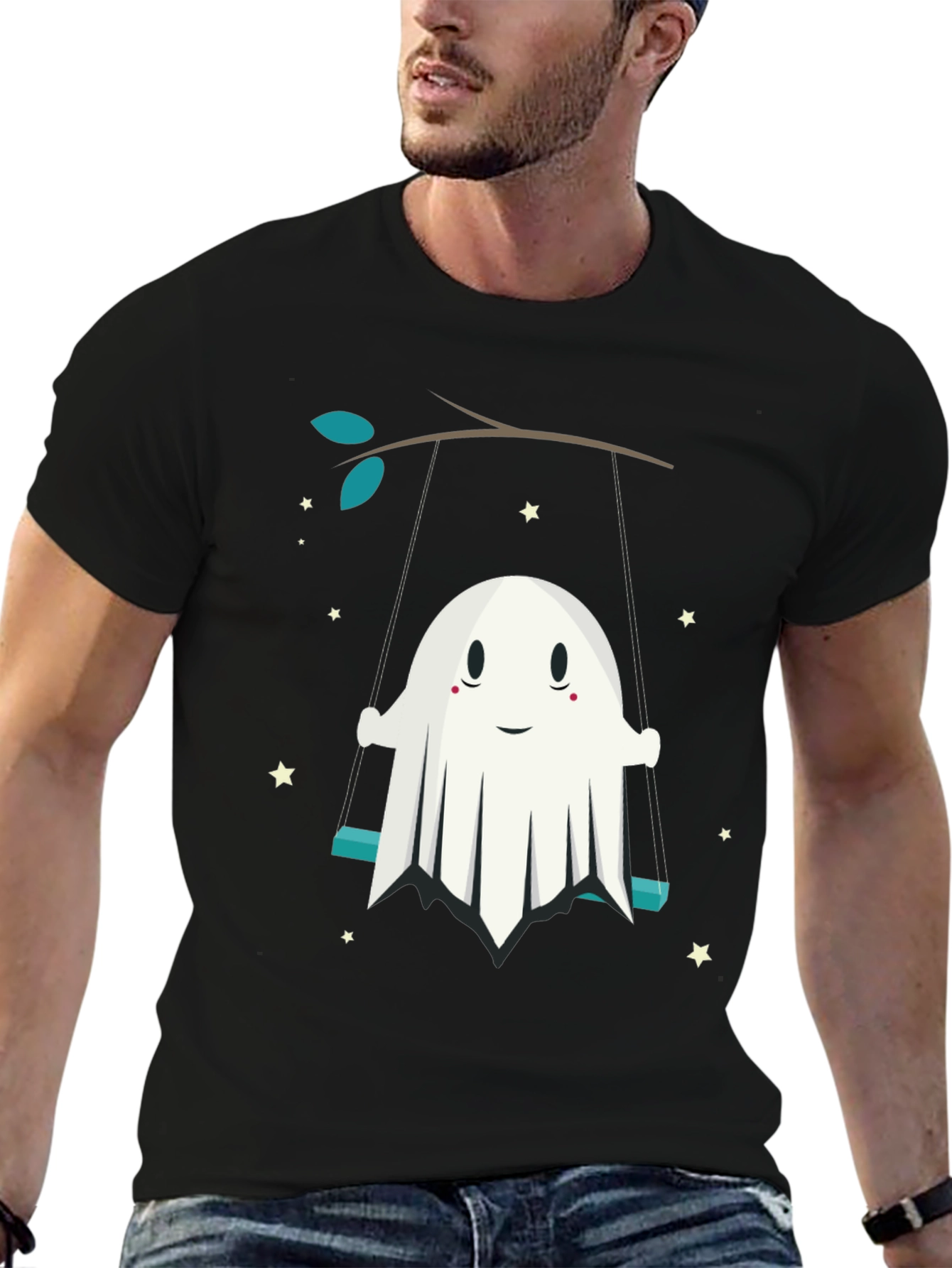 Cute Ghost on Swing Graphic Tee - Halloween Shirt