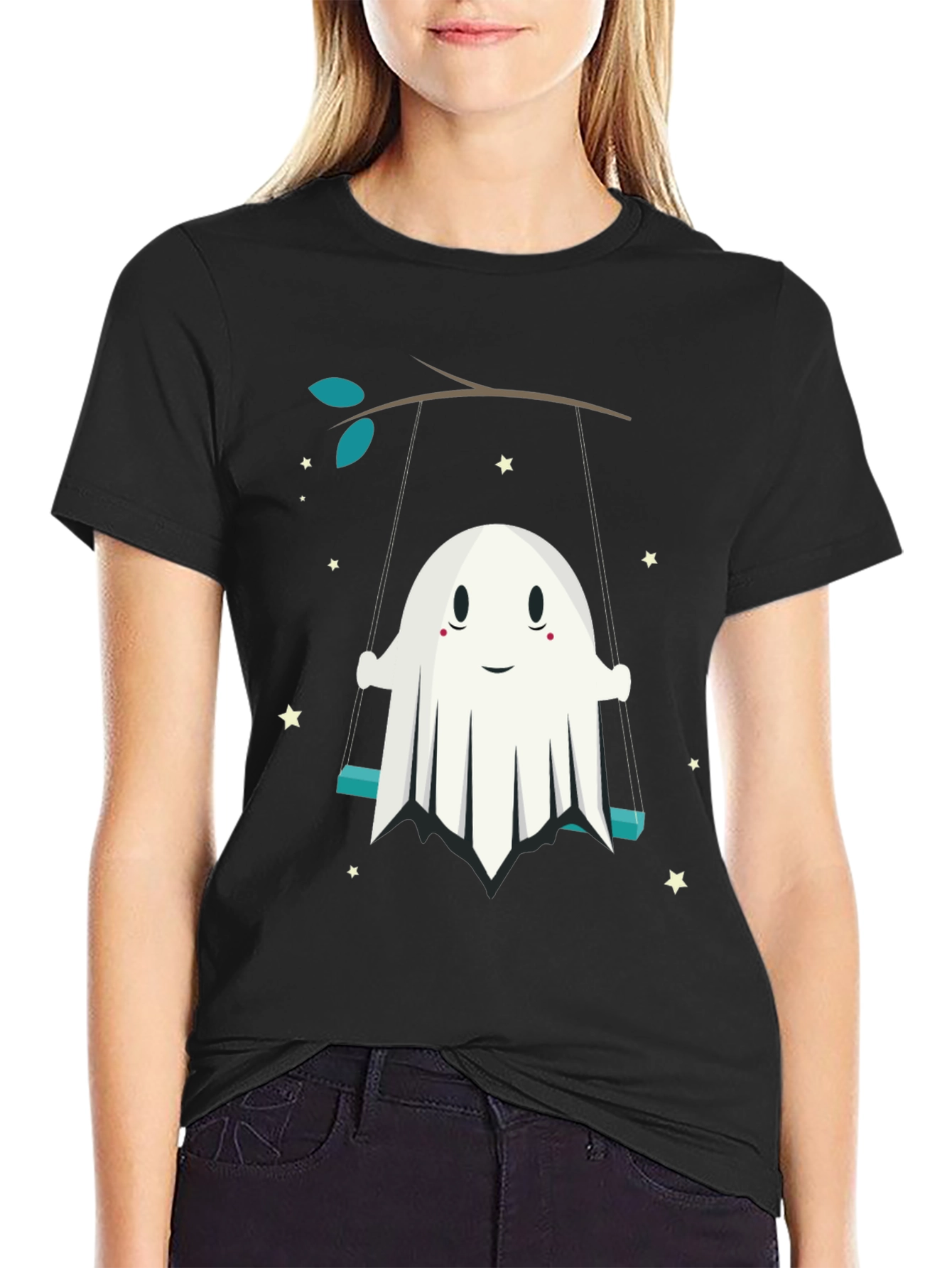 Cute Ghost on Swing Graphic Tee - Halloween Shirt