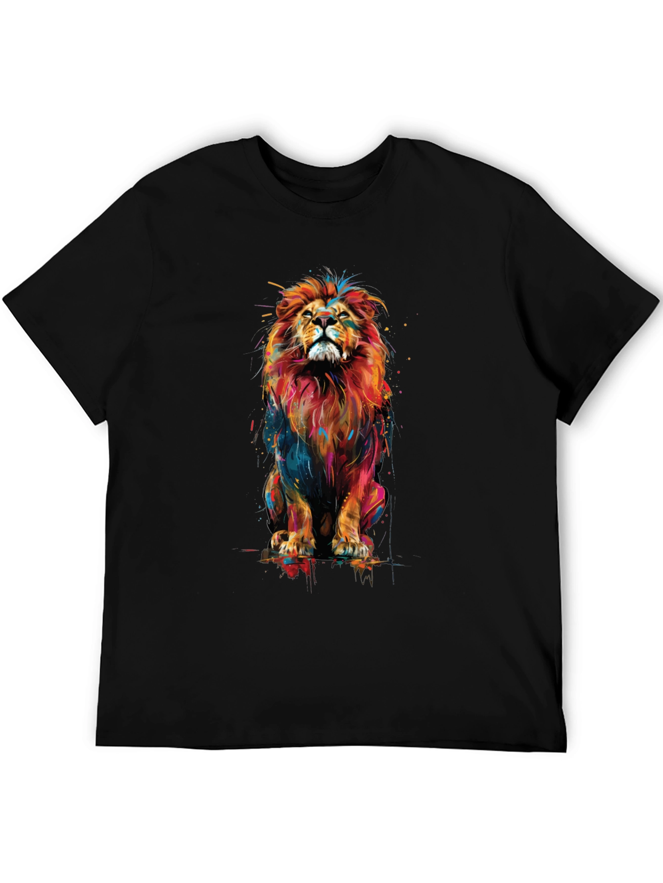Vibrant Lion Graphic Black T-Shirt - Bold Animal Print
