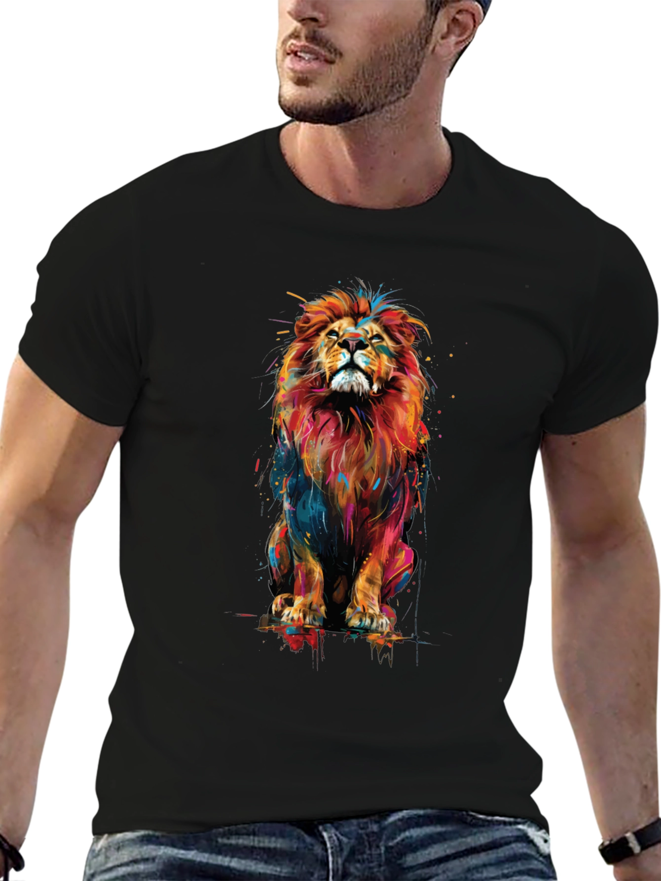 Vibrant Lion Graphic Black T-Shirt - Bold Animal Print
