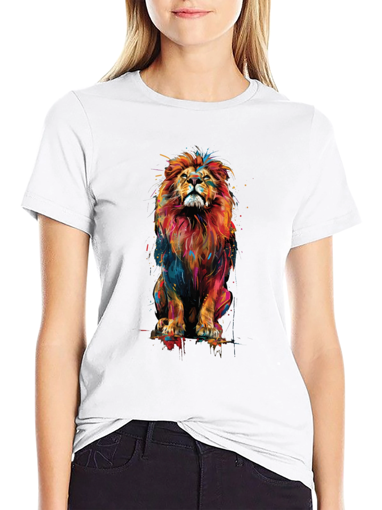 Vibrant Lion Graphic Black T-Shirt - Bold Animal Print