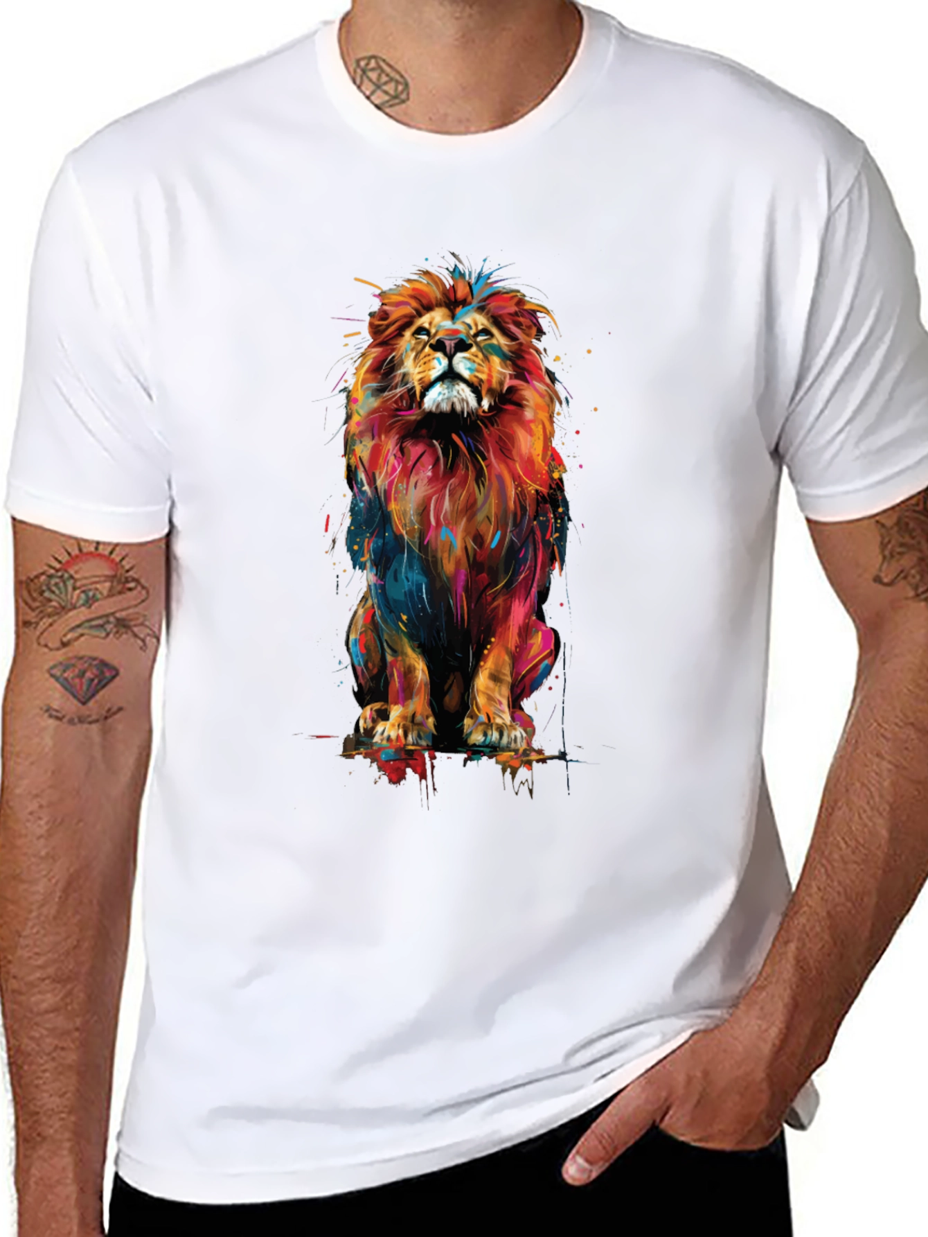Vibrant Lion Graphic Black T-Shirt - Bold Animal Print