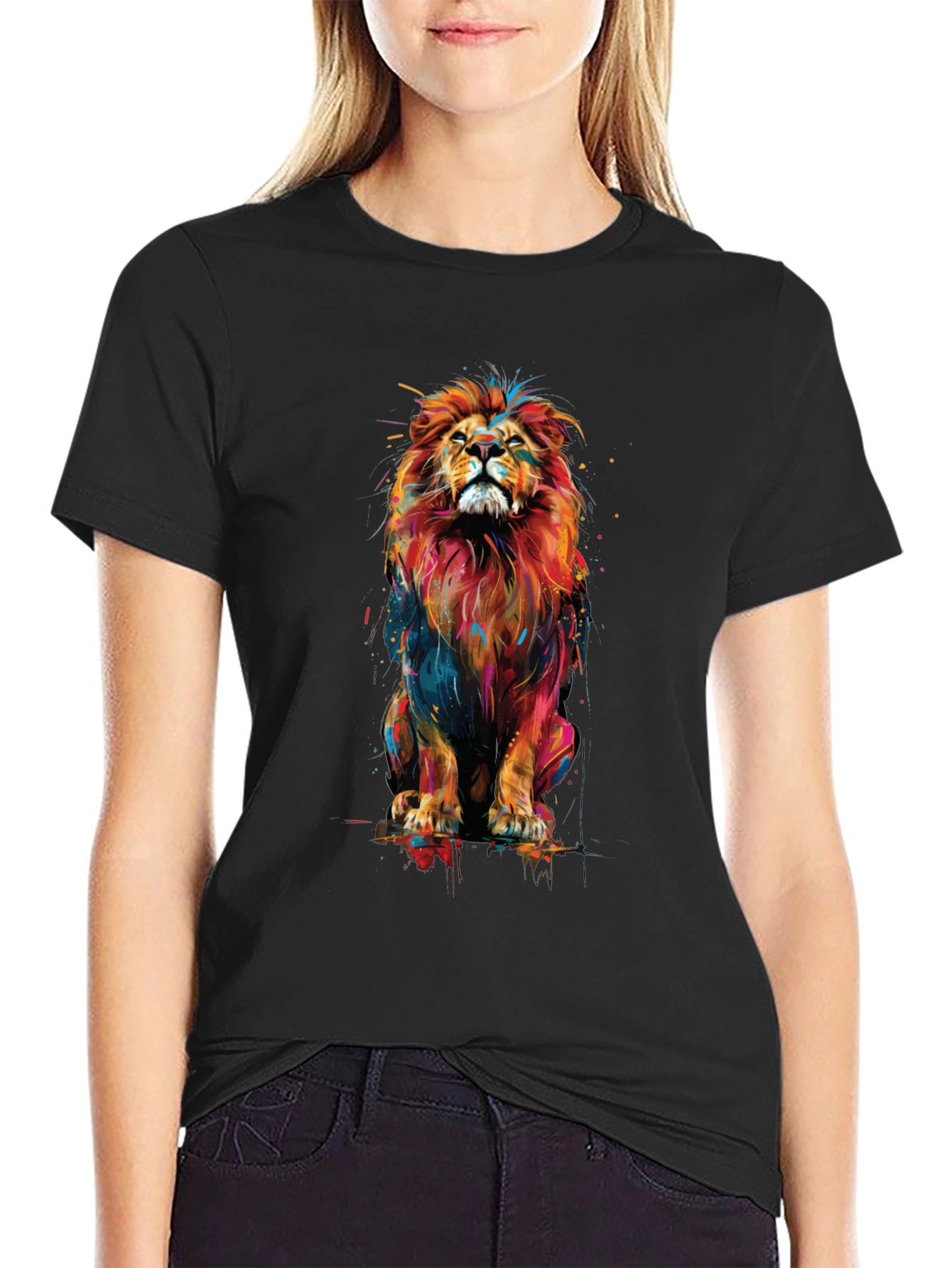 Vibrant Lion Graphic Black T-Shirt - Bold Animal Print