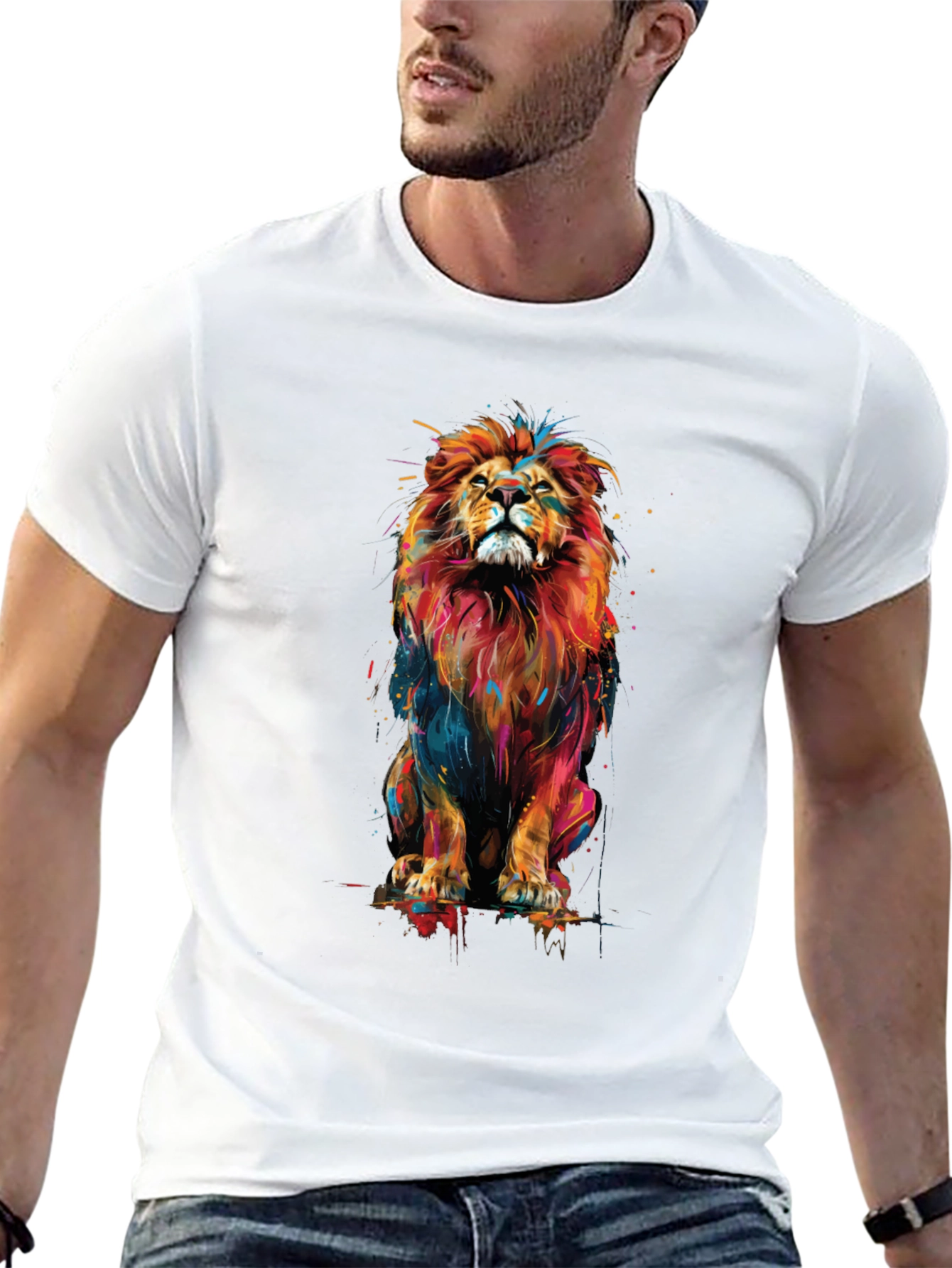 Vibrant Lion Graphic Black T-Shirt - Bold Animal Print