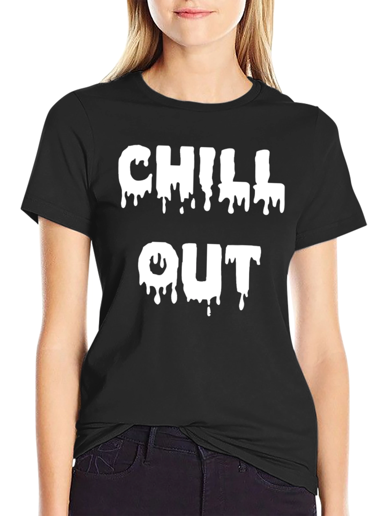 Chill Out Dripping Text Graphic Black T-Shirt