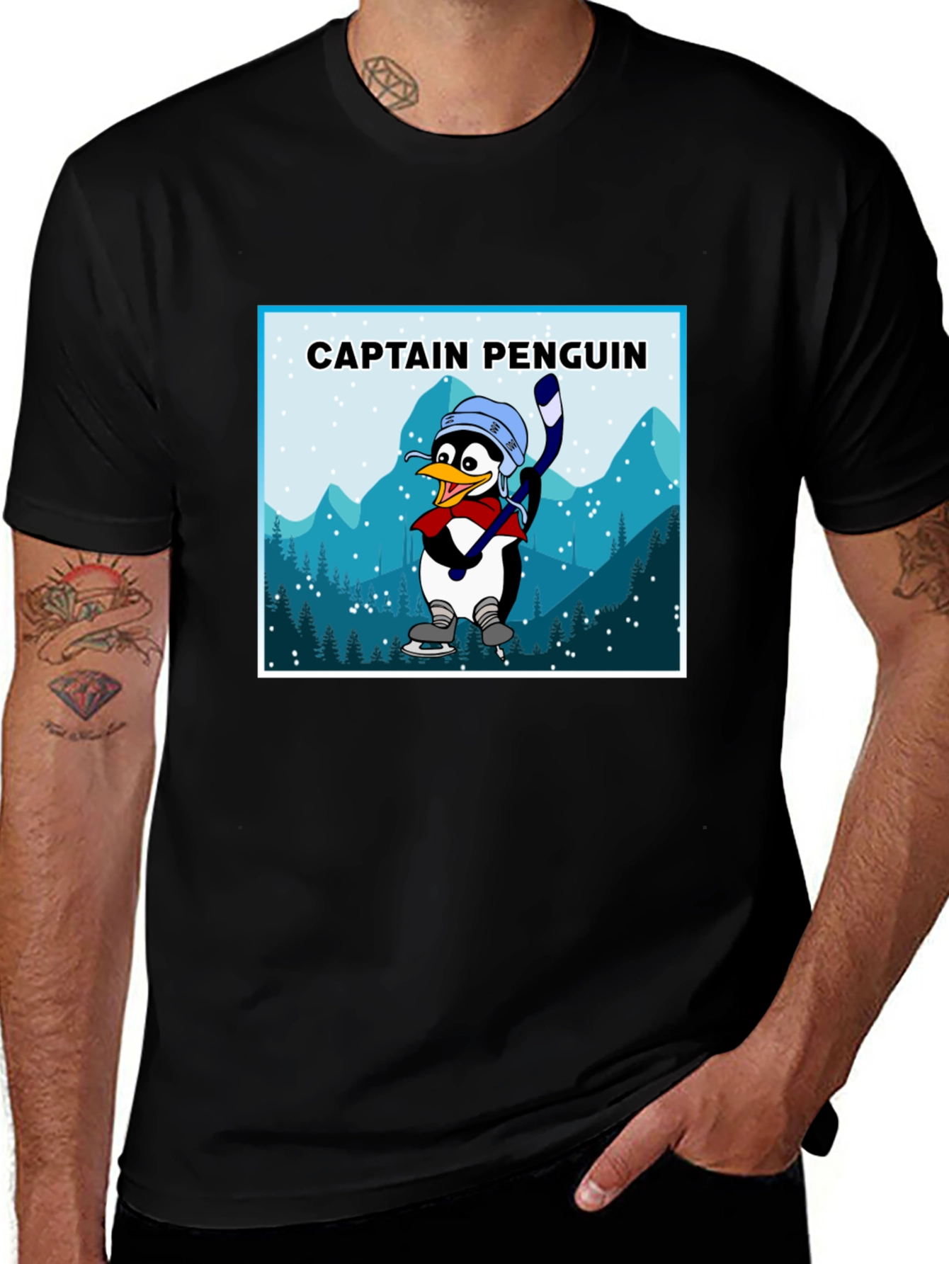 Captain Penguin Graphic Tee - Black Cotton T-Shirt