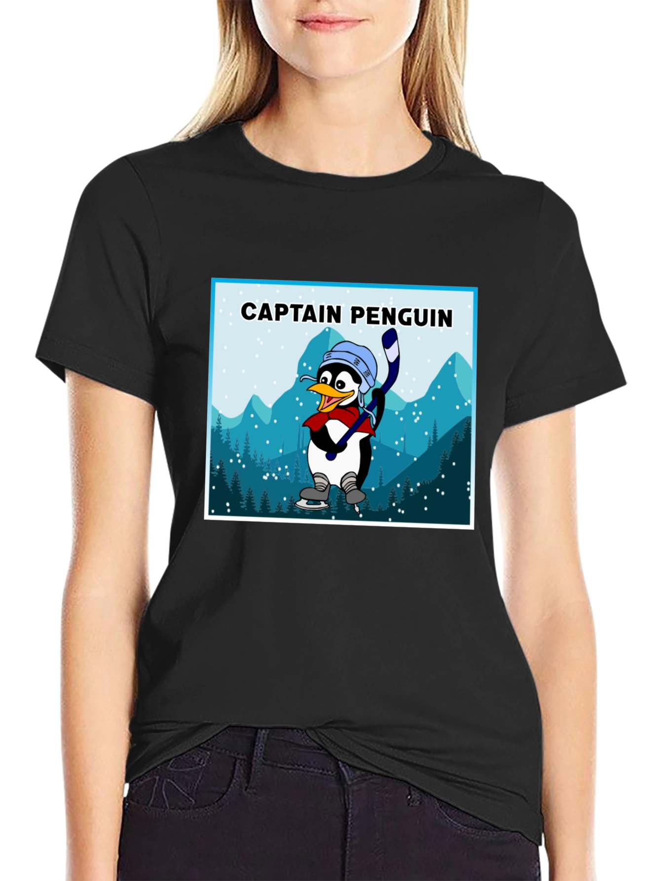 Captain Penguin Graphic Tee - Black Cotton T-Shirt