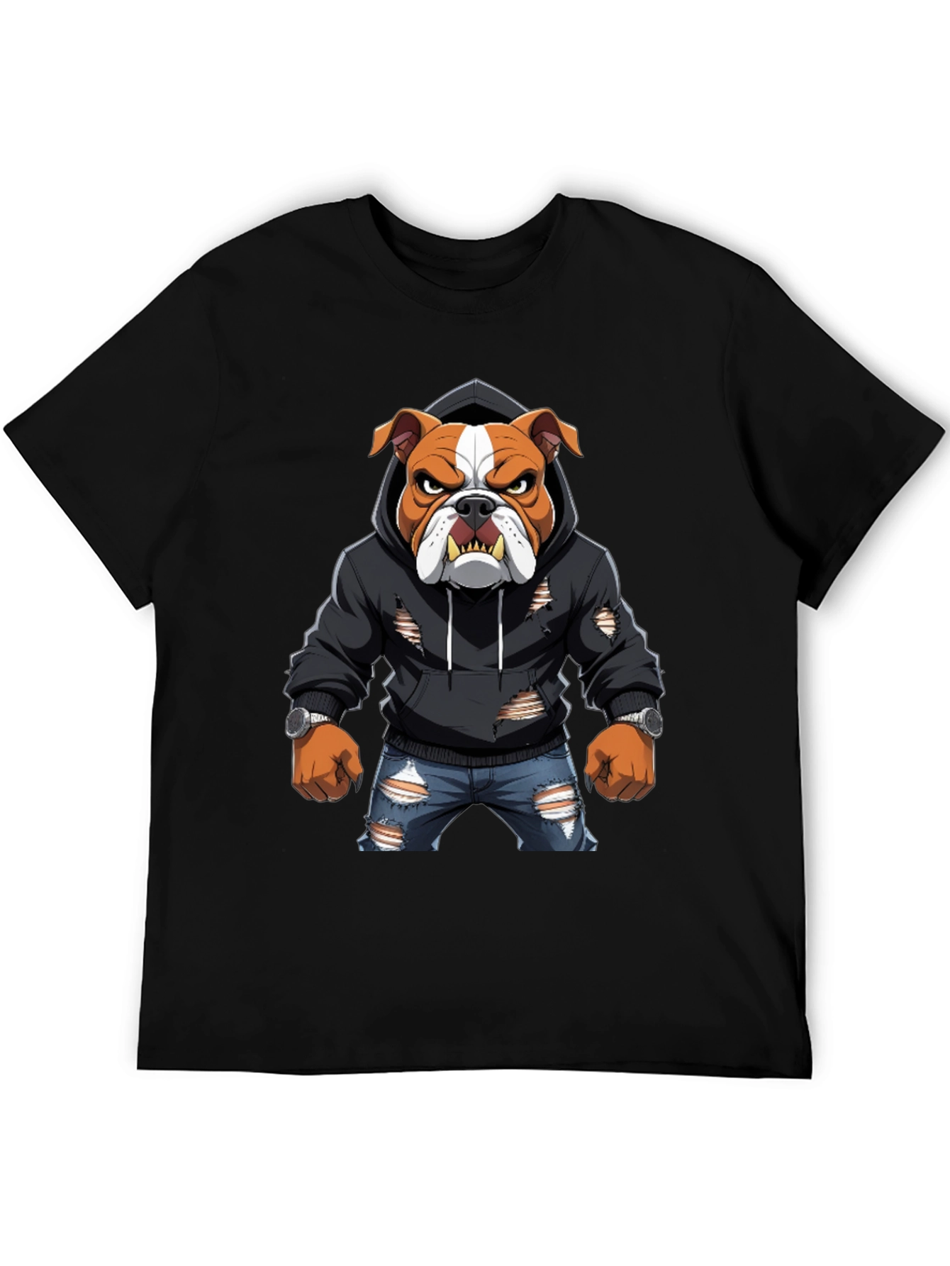 Bulldog Graphic Tee - Ripped Hoodie & Jeans
