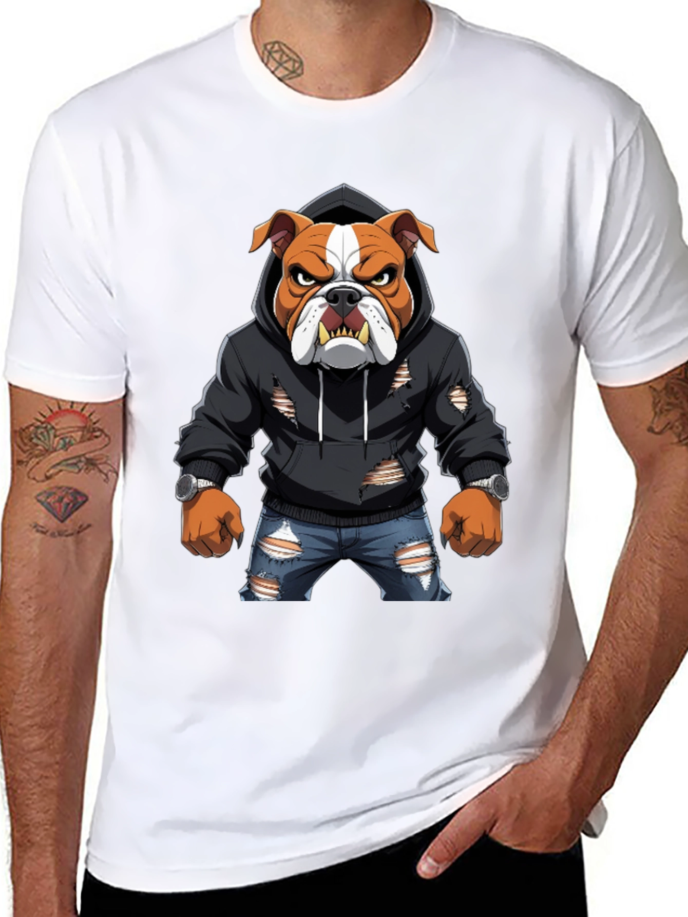 Bulldog Graphic Tee - Ripped Hoodie & Jeans