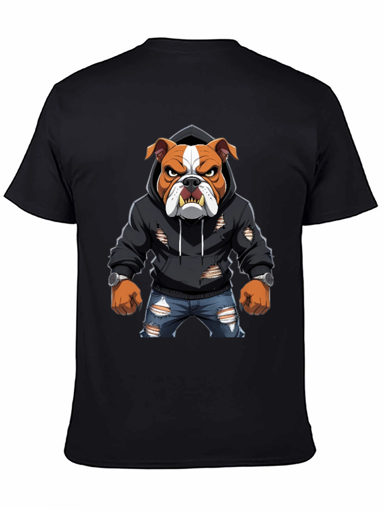 Bulldog Graphic Tee - Ripped Hoodie & Jeans