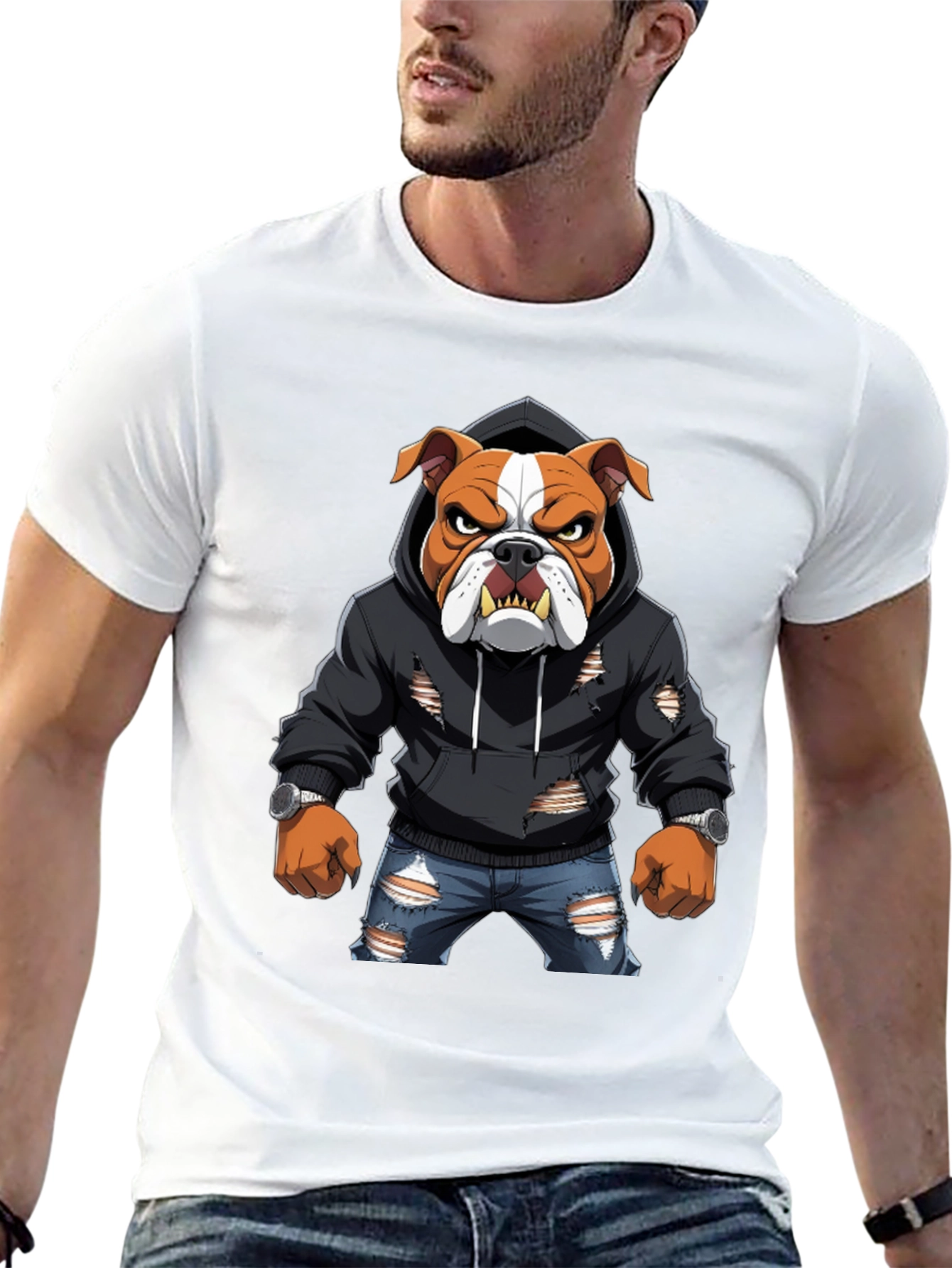Bulldog Graphic Tee - Ripped Hoodie & Jeans